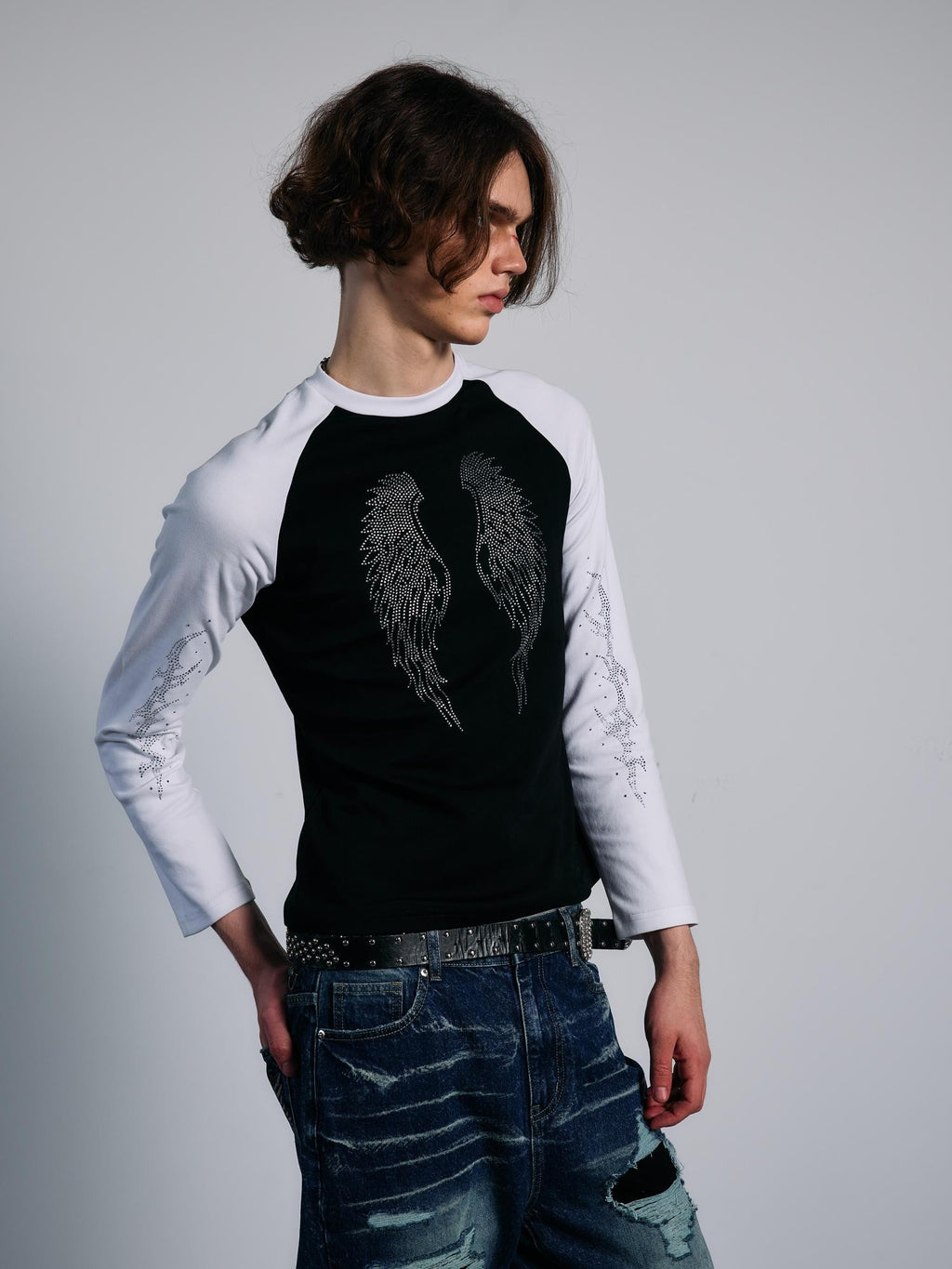 PAIKI Rhinestone Wings Thorns Punk Slim Fit Raglan Sleeve Women's Cotton Long Sleeve T-shirts