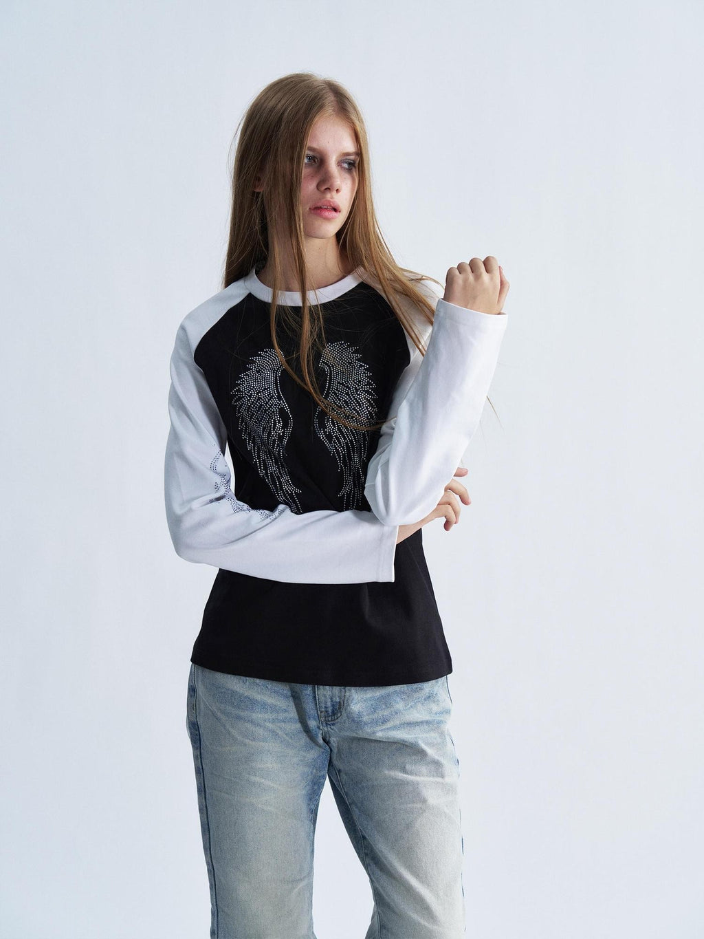 PAIKI Rhinestone Wings Thorns Punk Slim Fit Raglan Sleeve Women's Cotton Long Sleeve T-shirts