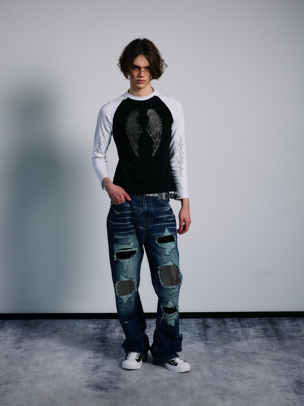 PAIKI Rhinestone Wings Thorns Punk Slim Fit Raglan Sleeve Women's Cotton Long Sleeve T-shirts