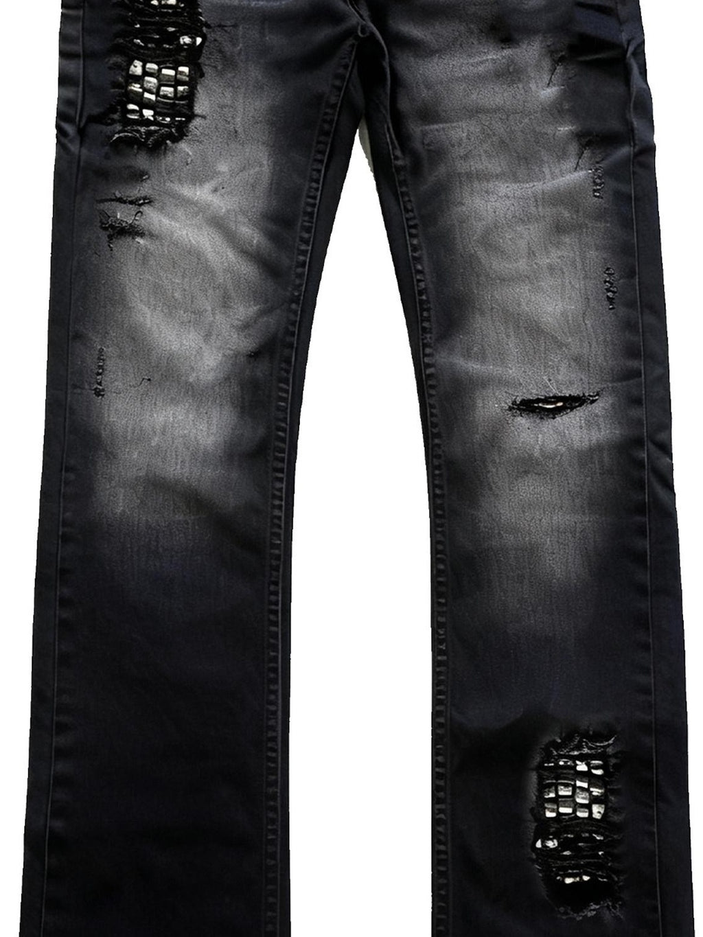 PAIKI Ripped Distressed Washed Punk Slim Mid Rise Black Micro Stretch Straight Jeans