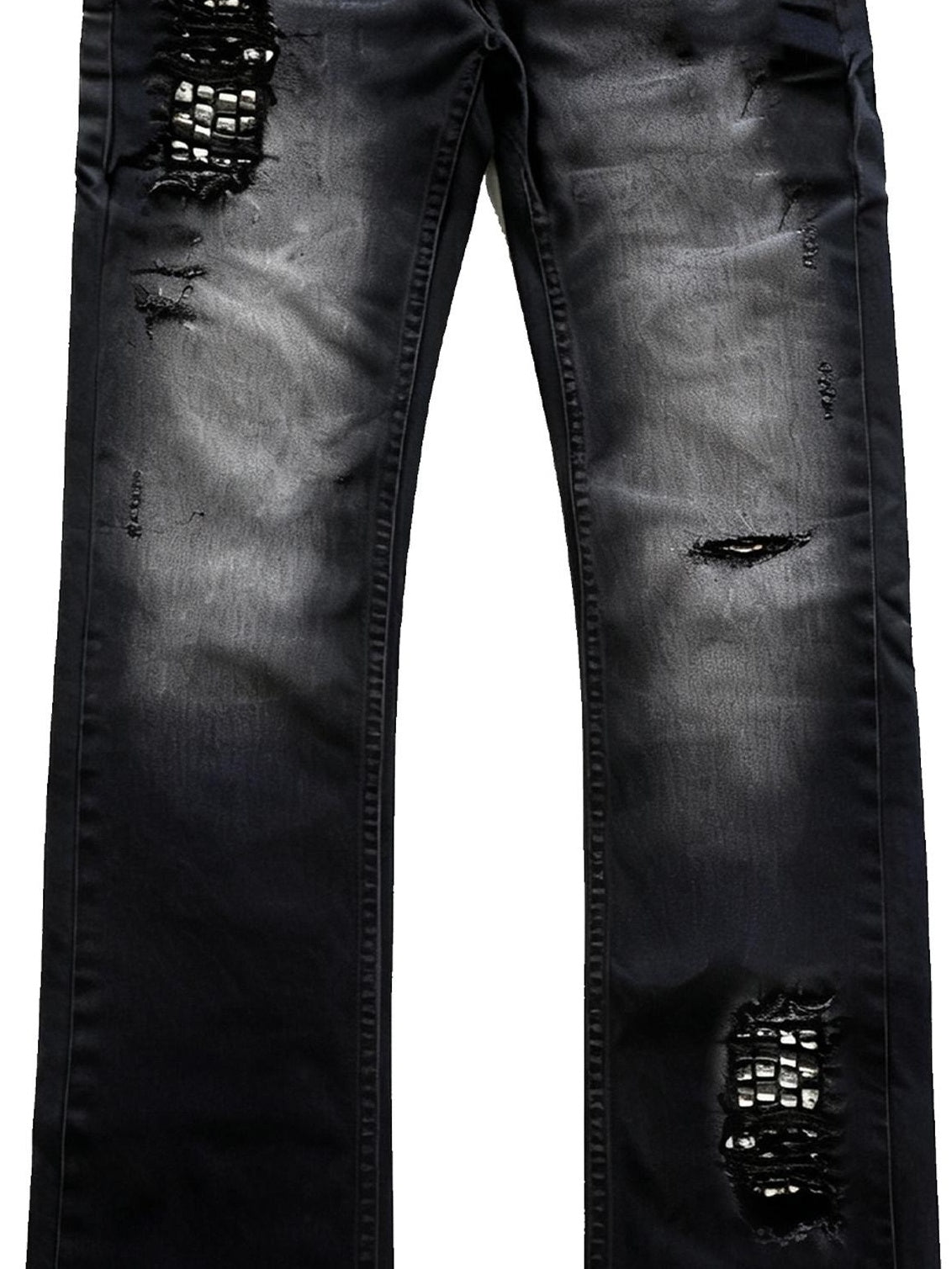 PAIKI Ripped Distressed Washed Punk Slim Mid Rise Black Micro Stretch Straight Jeans