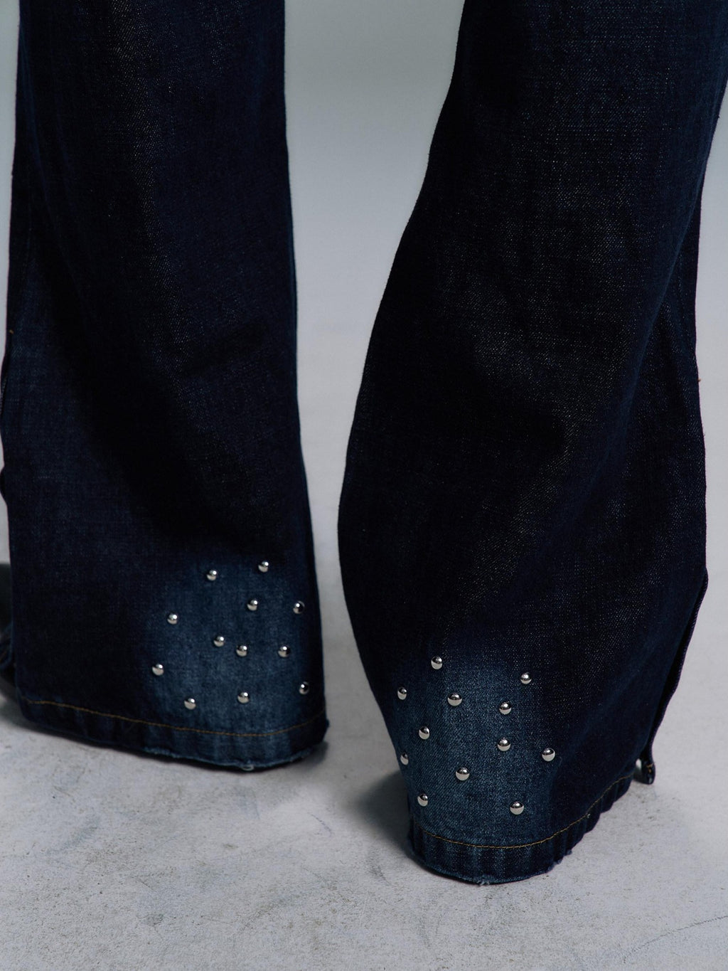 PAIKI Ripped Studded Washed Mid Rise Loose Plaid Casual Blue Denim Stretch Flare Jeans