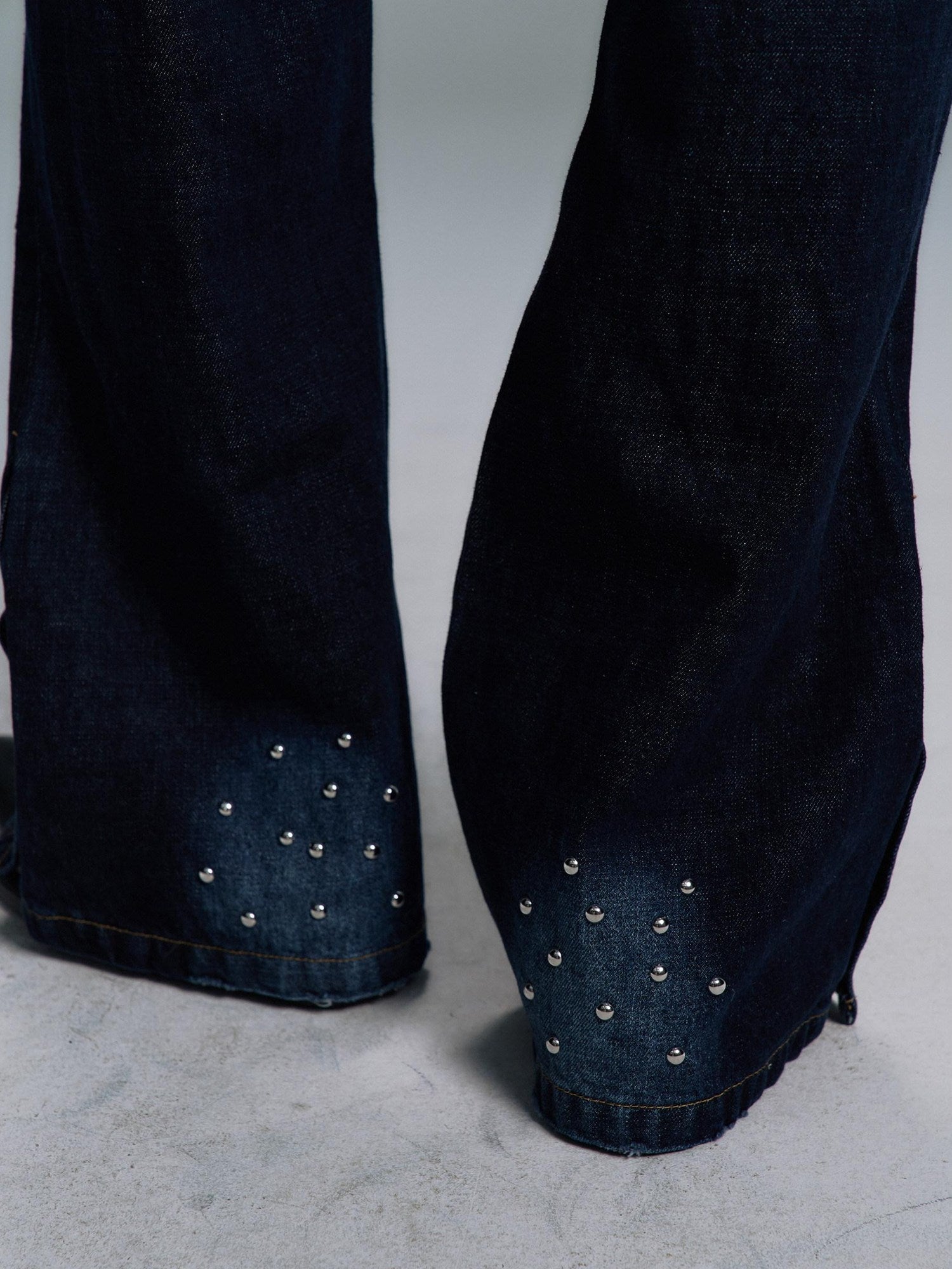 PAIKI Ripped Studded Washed Mid Rise Loose Plaid Casual Blue Denim Stretch Flare Jeans