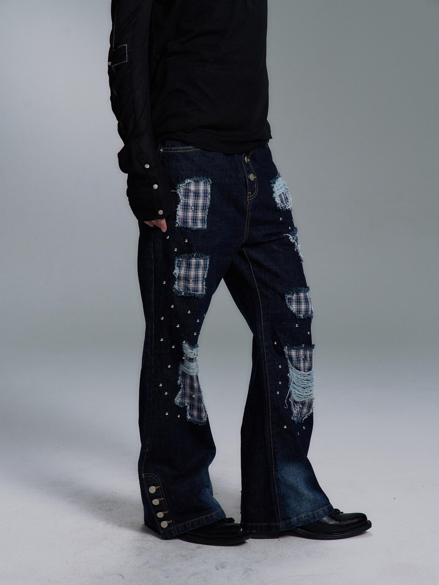PAIKI Ripped Studded Washed Mid Rise Loose Plaid Casual Blue Denim Stretch Flare Jeans