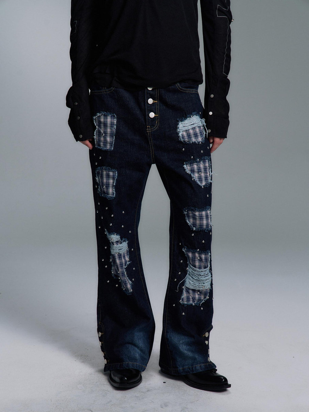 PAIKI Ripped Studded Washed Mid Rise Loose Plaid Casual Blue Denim Stretch Flare Jeans
