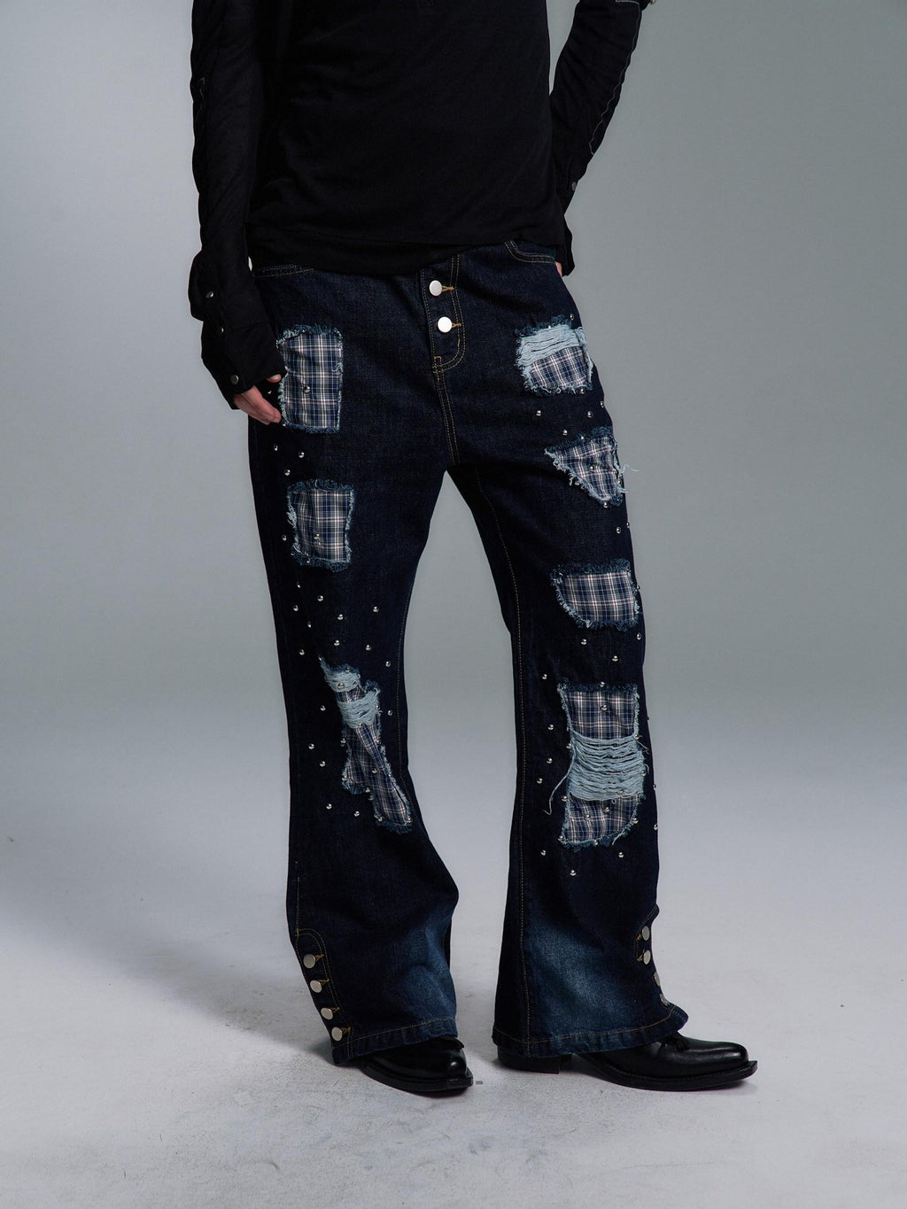 PAIKI Ripped Studded Washed Mid Rise Loose Plaid Casual Blue Denim Stretch Flare Jeans