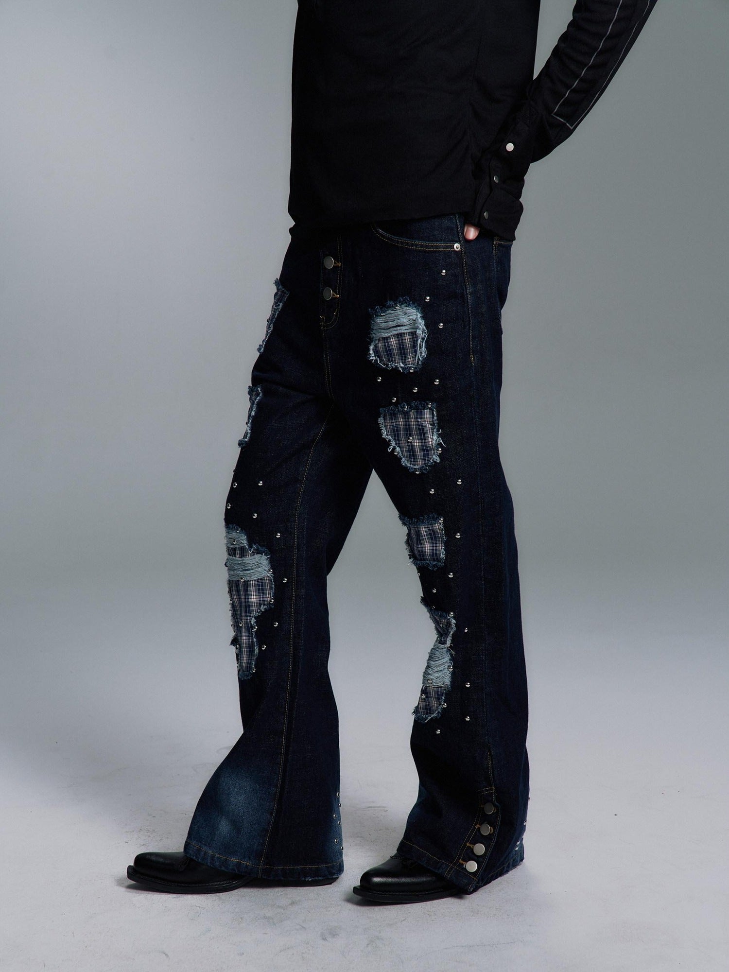 PAIKI Ripped Studded Washed Mid Rise Loose Plaid Casual Blue Denim Stretch Flare Jeans
