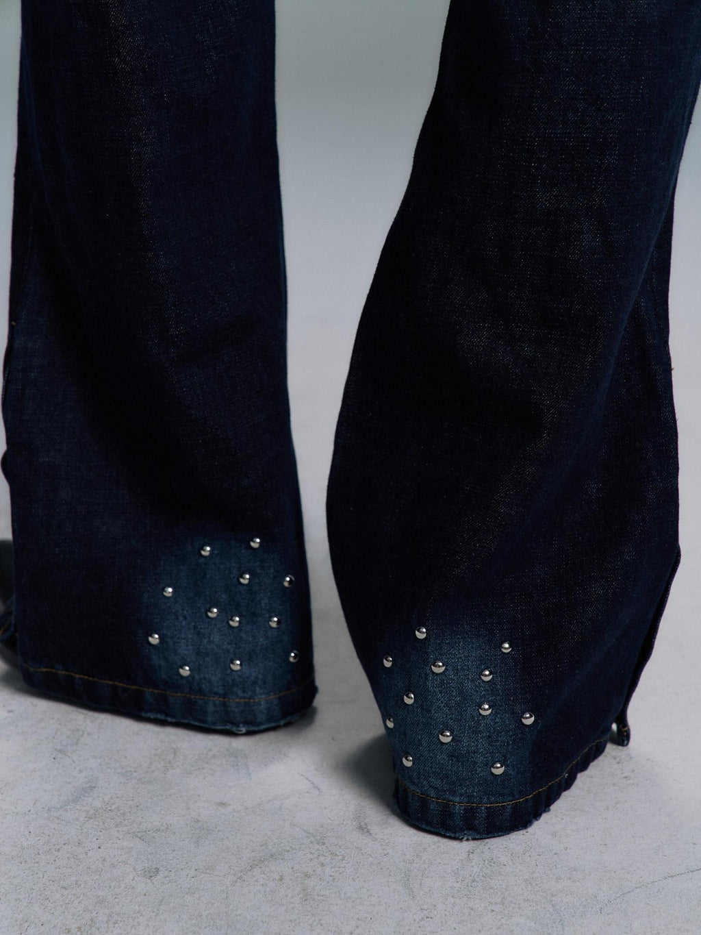 PAIKI Ripped Studded Washed Mid Rise Loose Plaid Casual Blue Denim Stretch Flare Jeans
