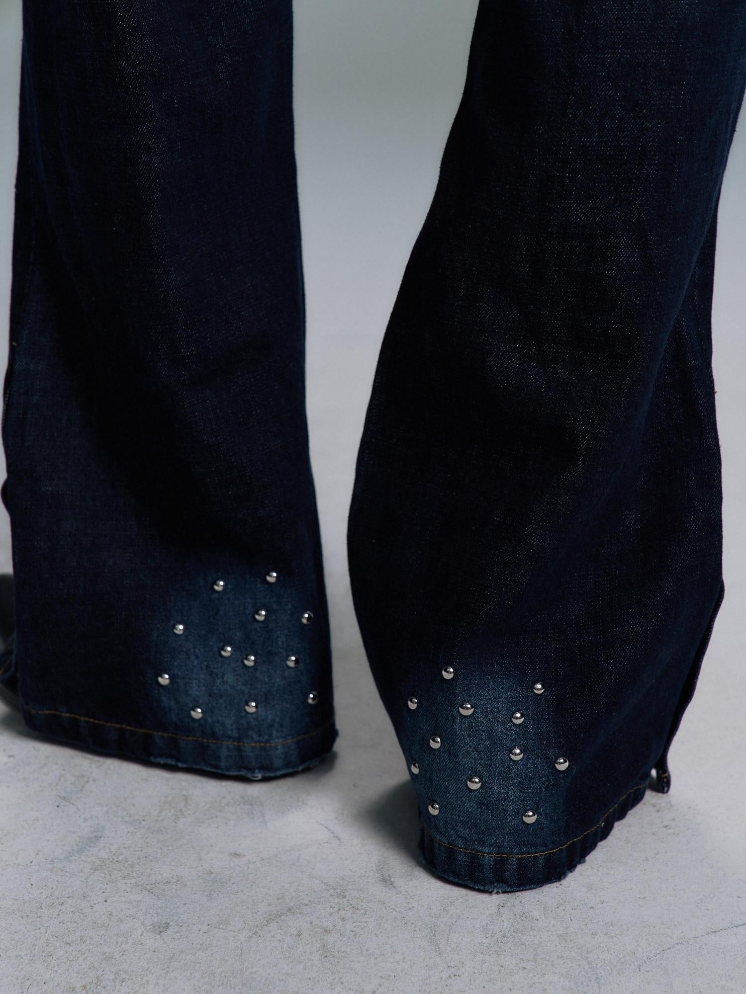 PAIKI Ripped Studded Washed Mid Rise Loose Plaid Casual Blue Denim Stretch Flare Jeans