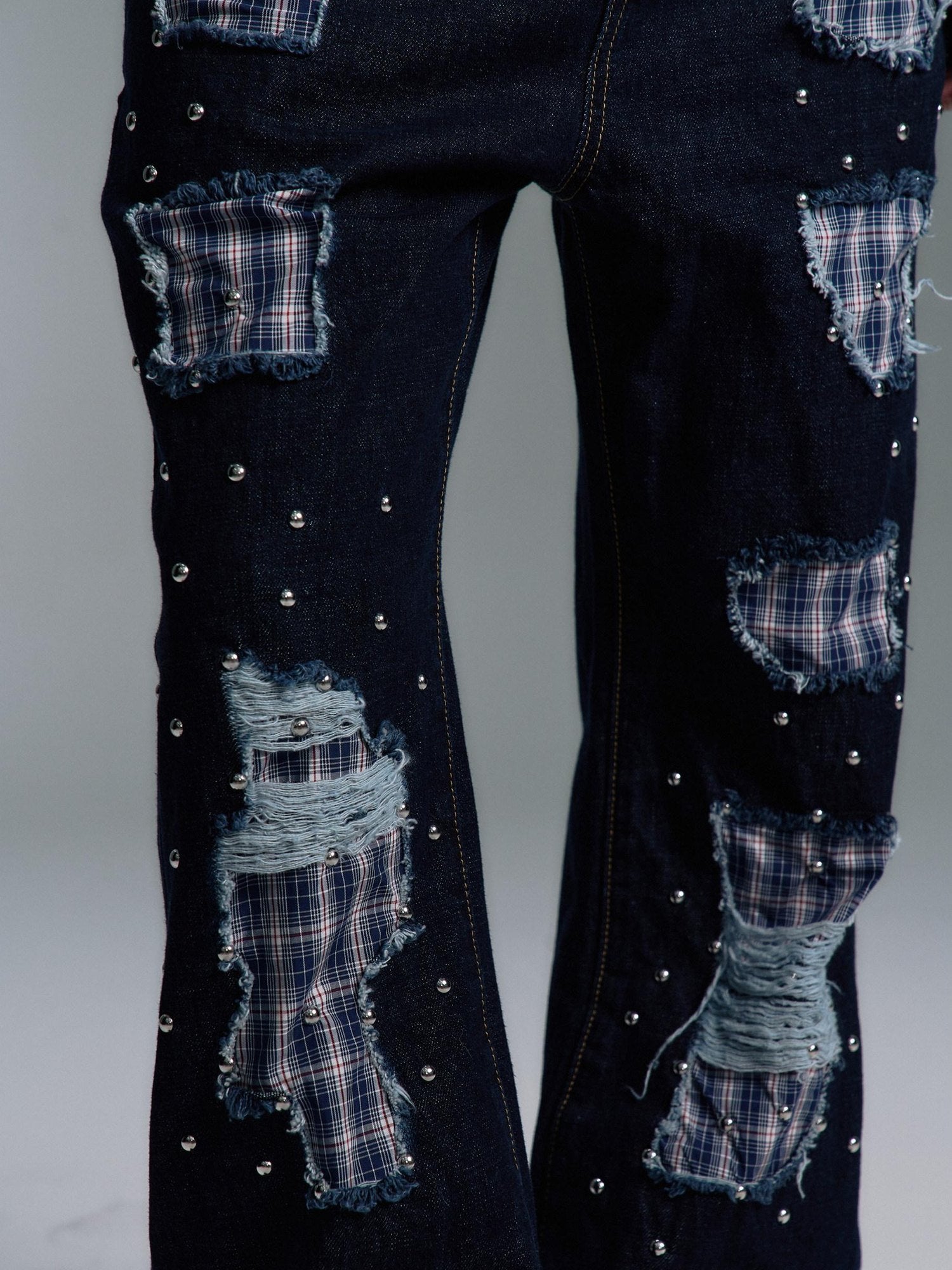 PAIKI Ripped Studded Washed Mid Rise Loose Plaid Casual Blue Denim Stretch Flare Jeans