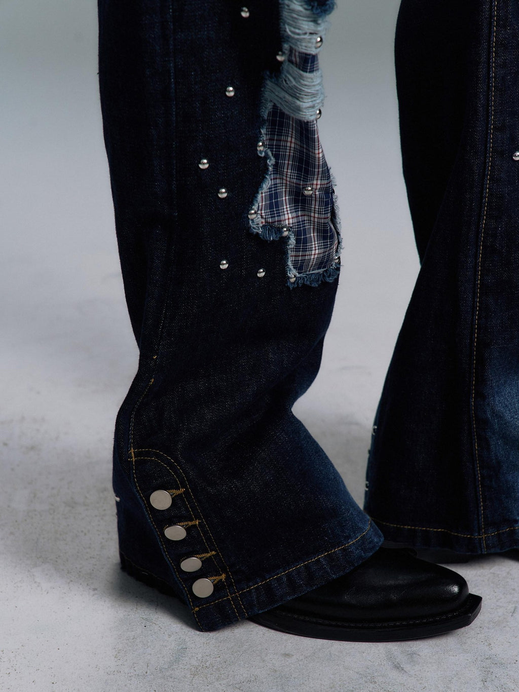 PAIKI Ripped Studded Washed Mid Rise Loose Plaid Casual Blue Denim Stretch Flare Jeans