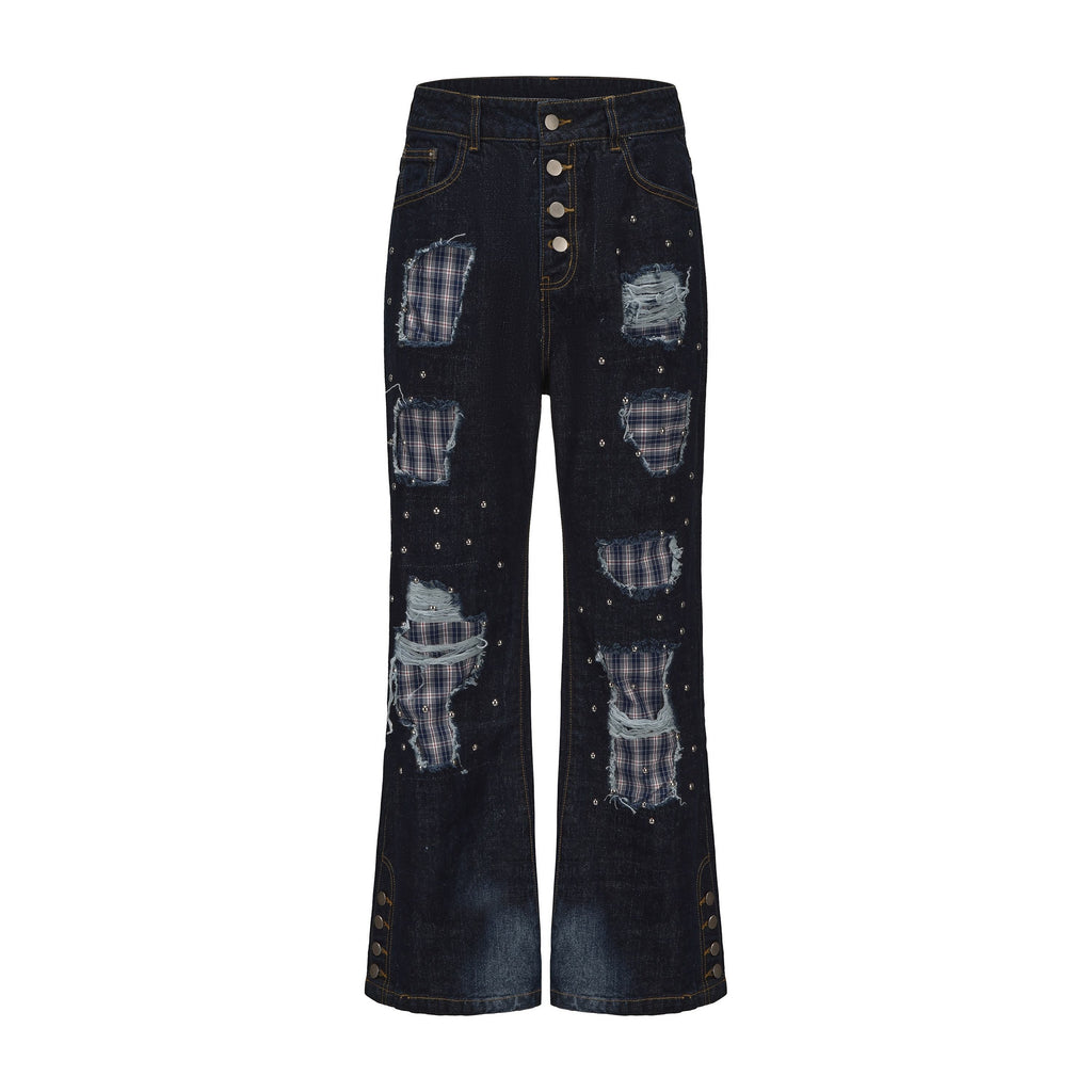 PAIKI_Ripped_Studded_Washed_Mid_Rise_Loose_Plaid_Casual_Mens_Blue_Denim_Flare_Jeans_MISSTT