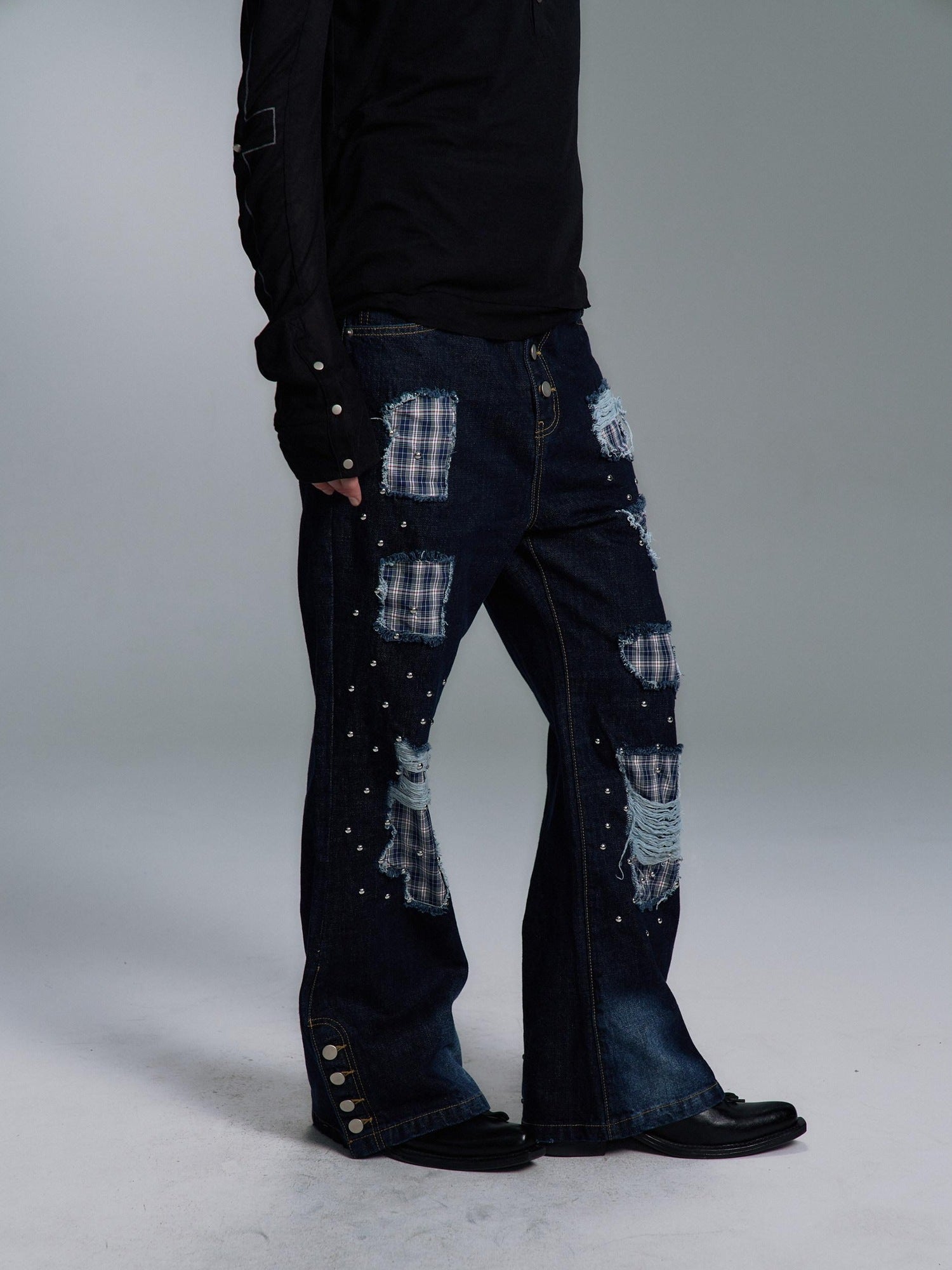PAIKI Ripped Studded Washed Mid Rise Loose Plaid Casual Mens Blue Denim Flare Jeans