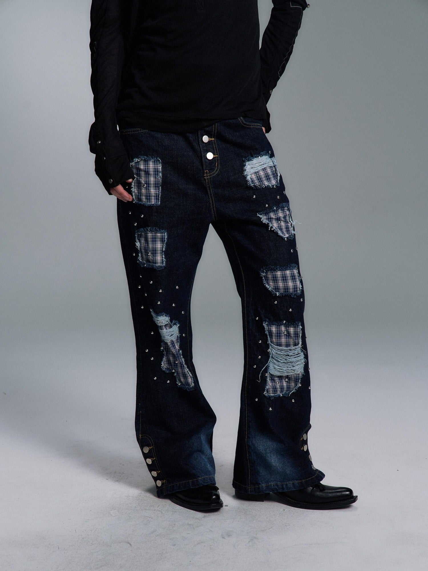 PAIKI Ripped Studded Washed Mid Rise Loose Plaid Casual Mens Blue Denim Flare Jeans