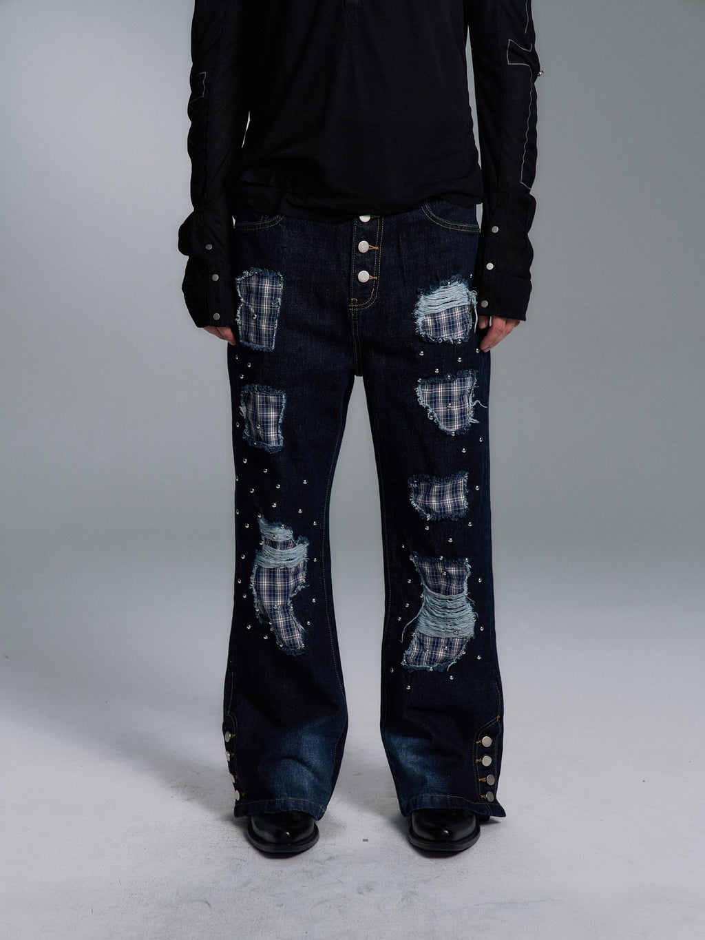 PAIKI Ripped Studded Washed Mid Rise Loose Plaid Casual Mens Blue Denim Flare Jeans