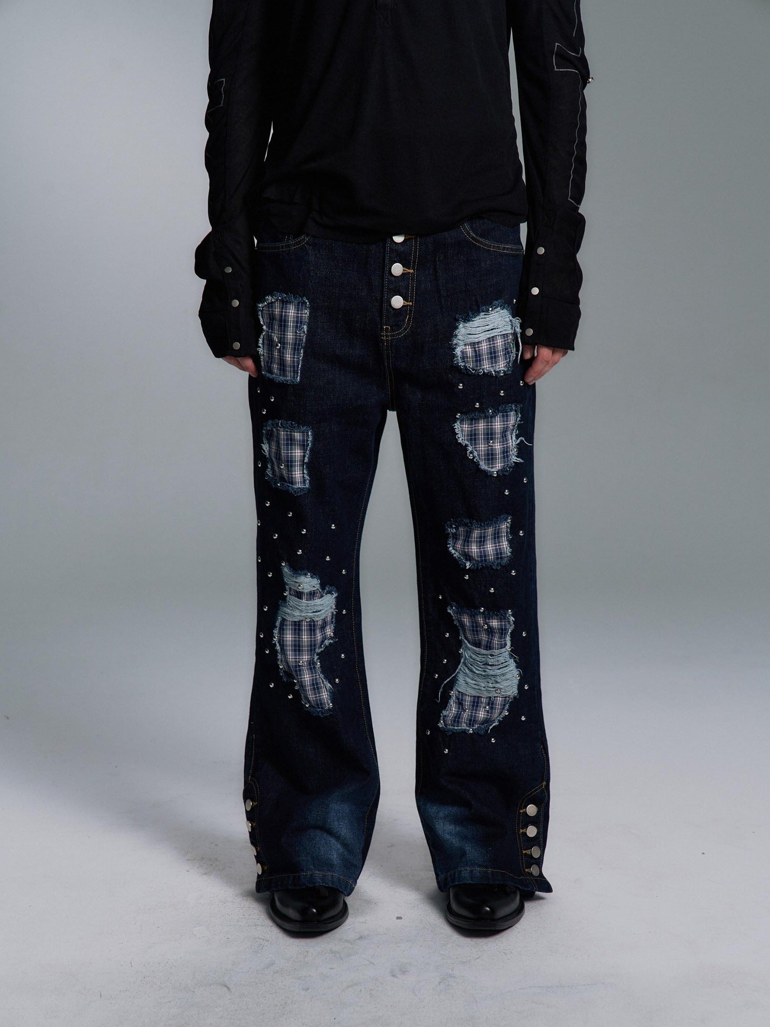 PAIKI Ripped Studded Washed Mid Rise Loose Plaid Casual Mens Blue Denim Flare Jeans