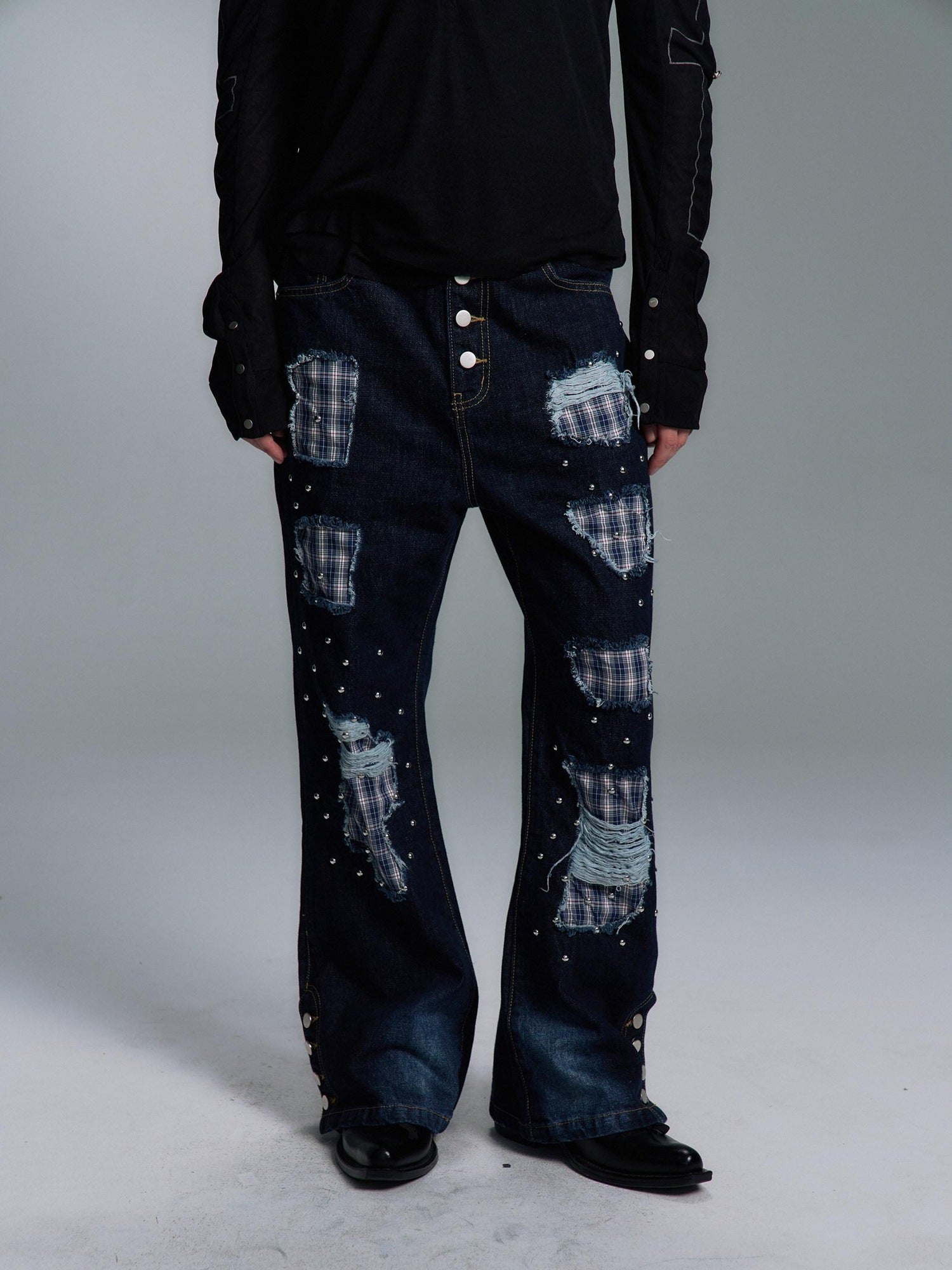 PAIKI Ripped Studded Washed Mid Rise Loose Plaid Casual Mens Blue Denim Flare Jeans