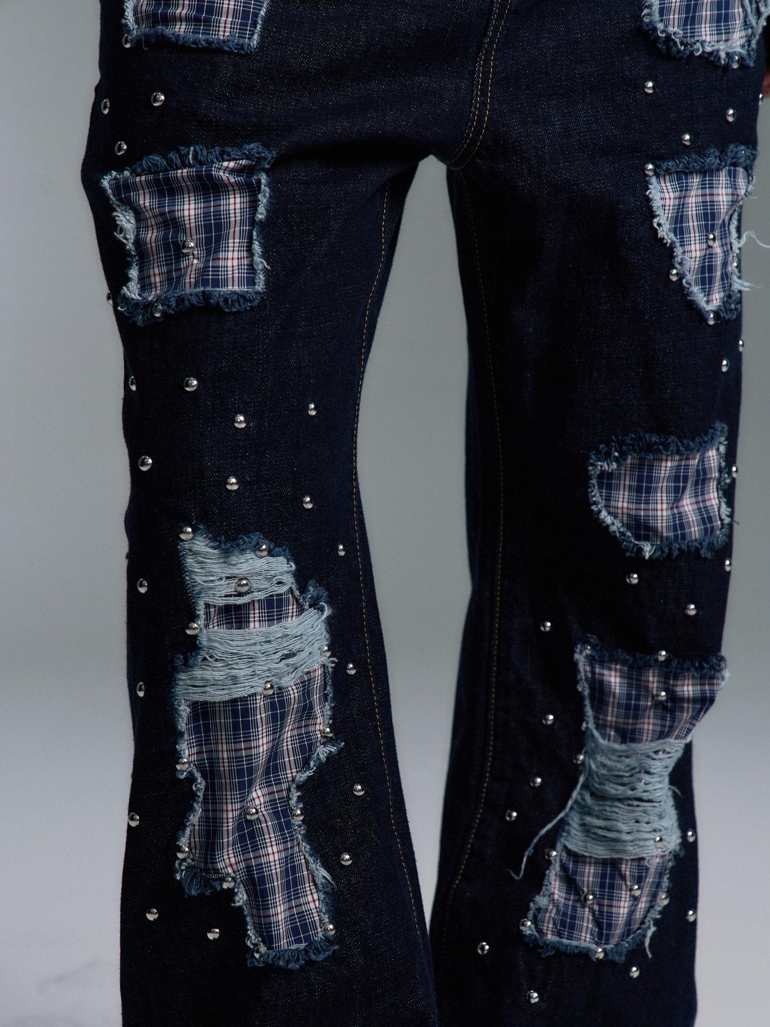 PAIKI Ripped Studded Washed Mid Rise Loose Plaid Casual Mens Blue Denim Flare Jeans