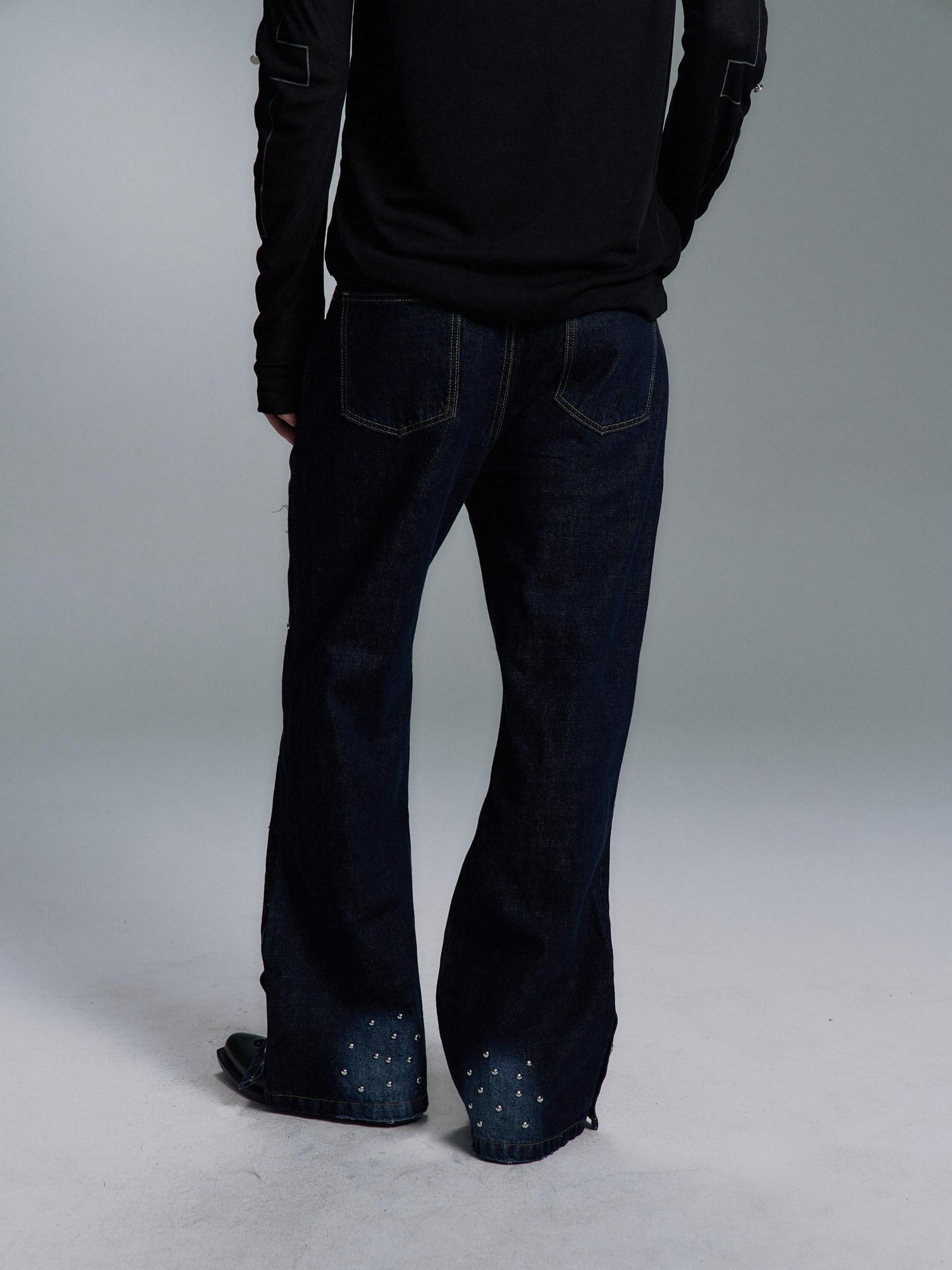 PAIKI Ripped Studded Washed Mid Rise Loose Plaid Casual Mens Blue Denim Flare Jeans