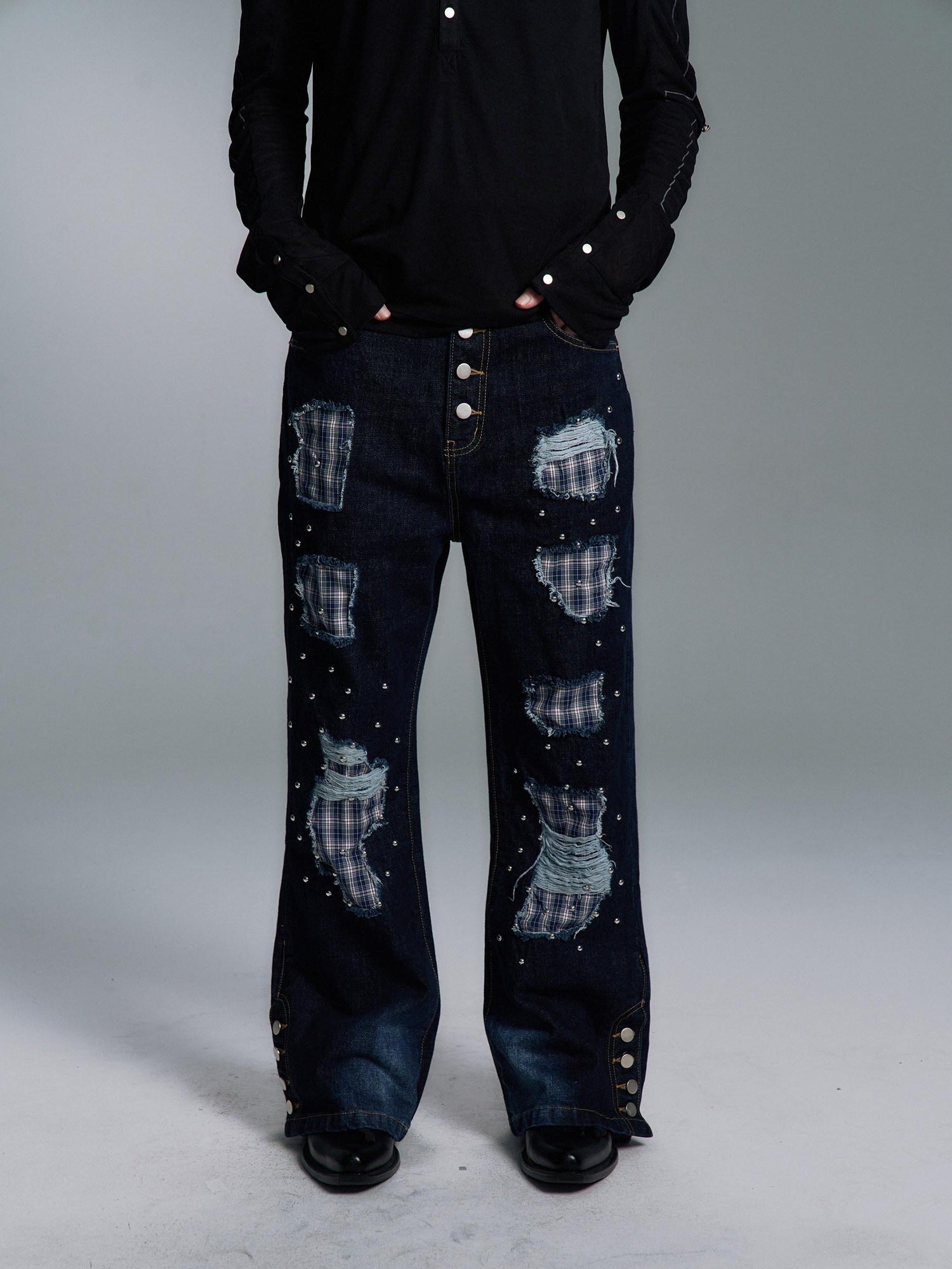 PAIKI Ripped Studded Washed Mid Rise Loose Plaid Casual Mens Blue Denim Flare Jeans