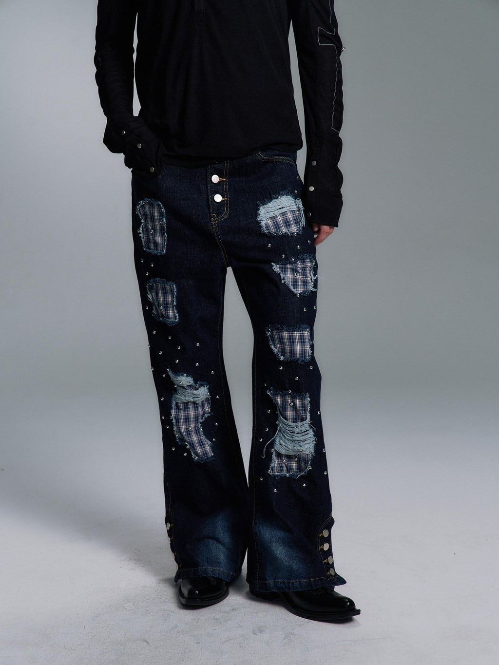 PAIKI Ripped Studded Washed Mid Rise Loose Plaid Casual Mens Blue Denim Flare Jeans