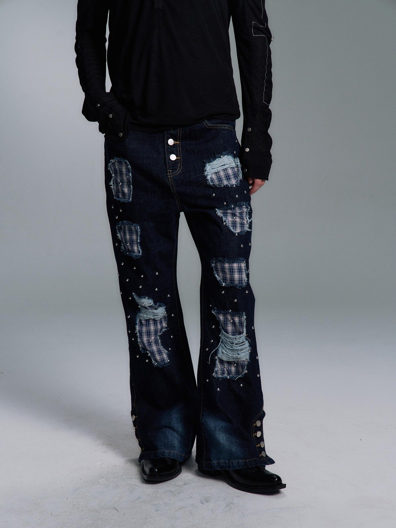 PAIKI Ripped Studded Washed Mid Rise Loose Plaid Casual Mens Blue Denim Flare Jeans