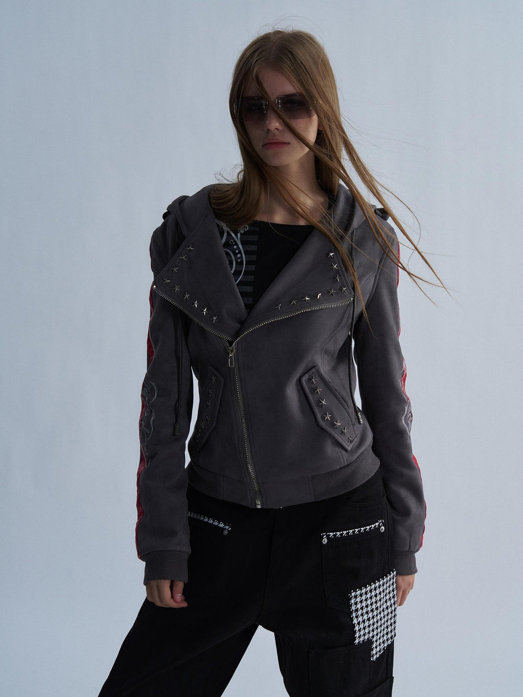 PAIKI Riveted Embroidered Studded Punk Slim Fit Women's Zip-up Hoodies