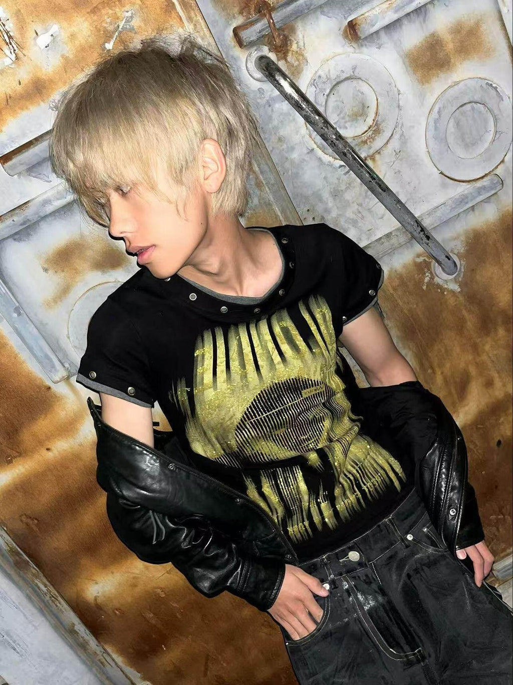 PAIKI Sequin Embossed Punk Slim Fit Unisex Sorona Pullover Short Sleeve T-Shirts
