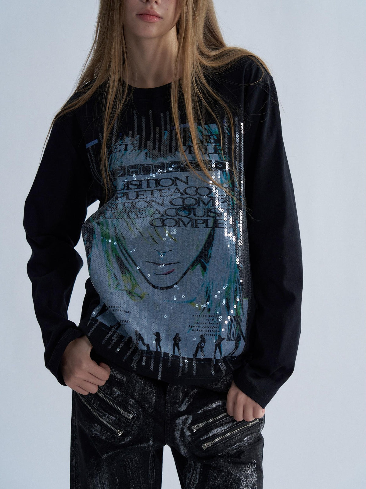 PAIKI Sequin Embroidered Graphic Long Sleeve Women's Cotton Crewneck Sweatshirts