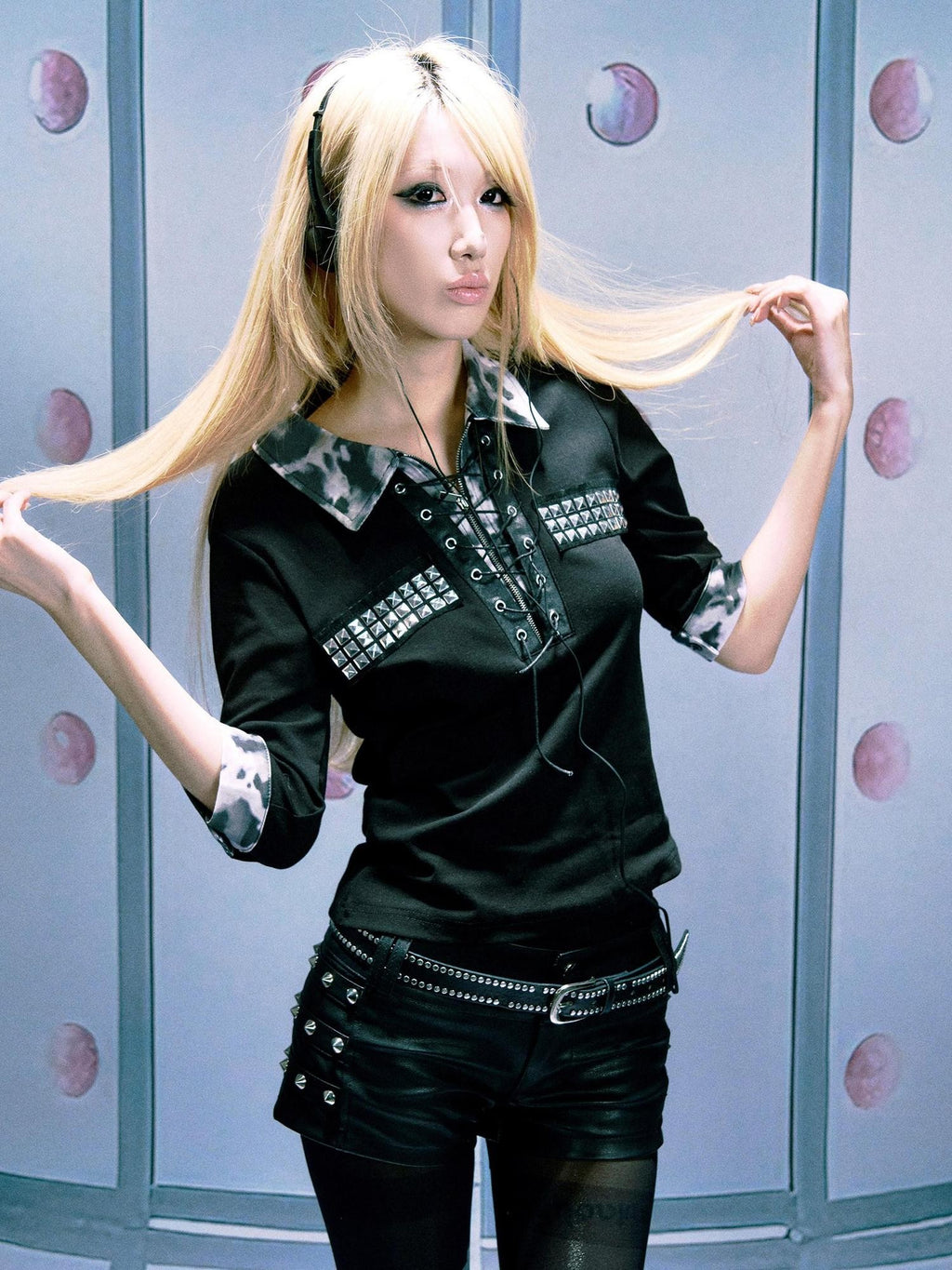 PAIKI Sequin Tie Slim Fit Leopard Print Unisex Sorona Cotton Zip Long Sleeve T-Shirts