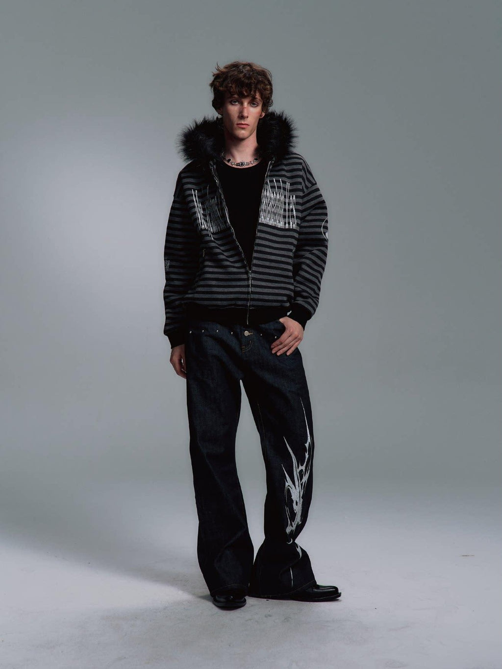 PAIKI Shape Retaining Slim Fit Zip Hooded Casual Men Letter Print Black Hoodies