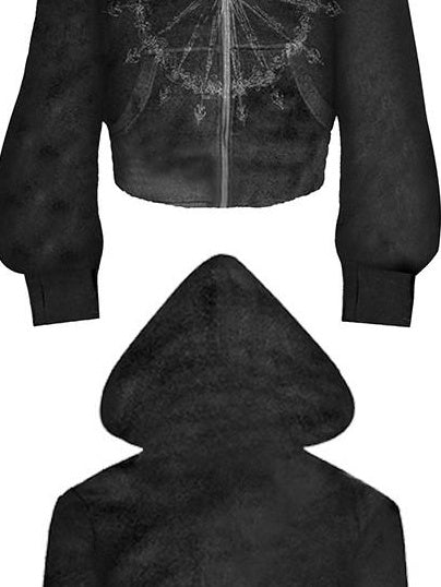 PAIKI Shape Retention Loose Embossed Geometric Zip Unisex Black Velvet Hoodies