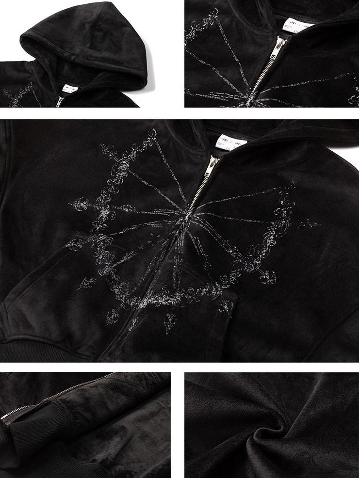 PAIKI Shape Retention Loose Embossed Geometric Zip Unisex Black Velvet Hoodies