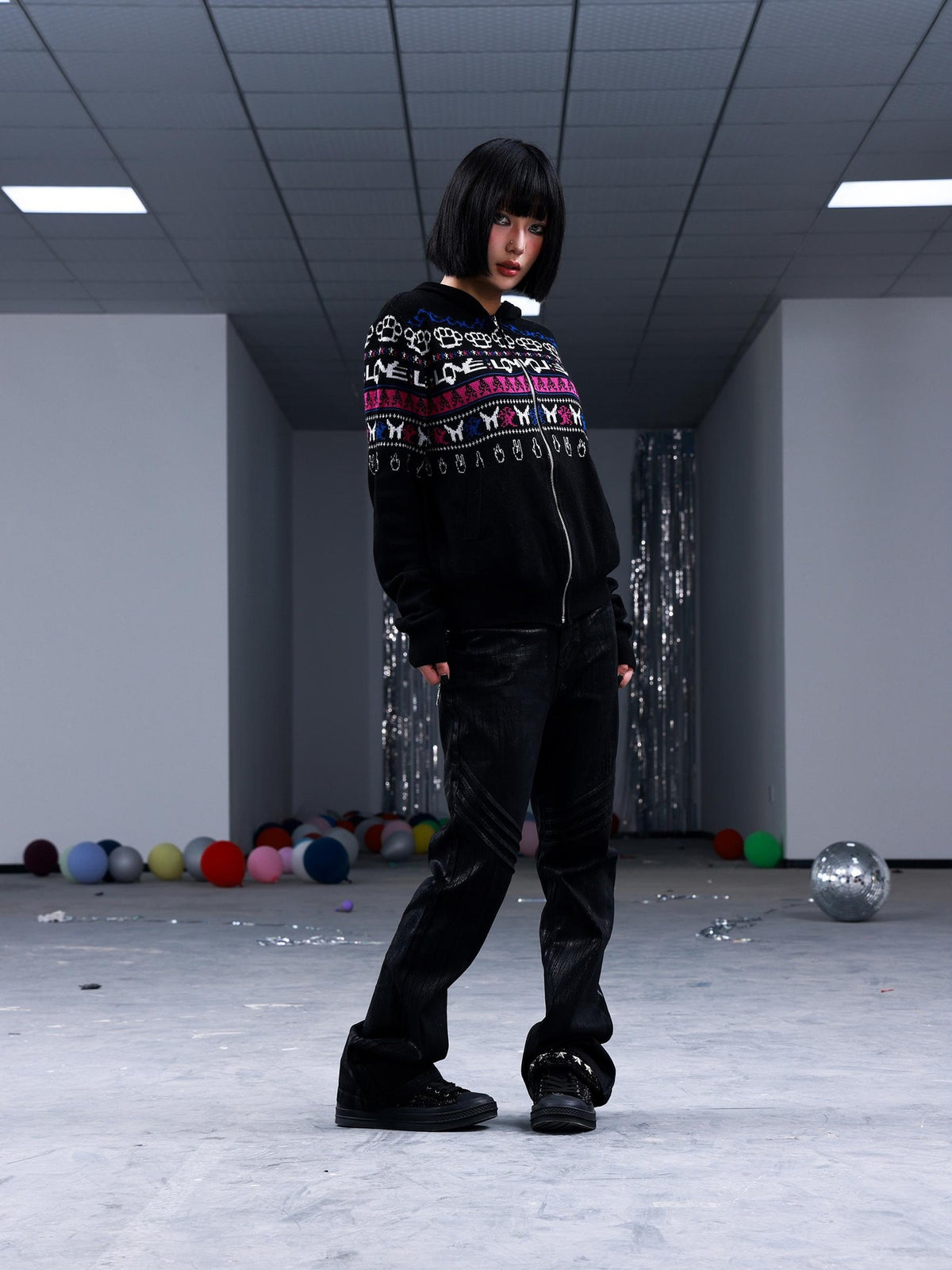 PAIKI Skull Fair Isle Zip Hooded Cotton Women's Cardigans