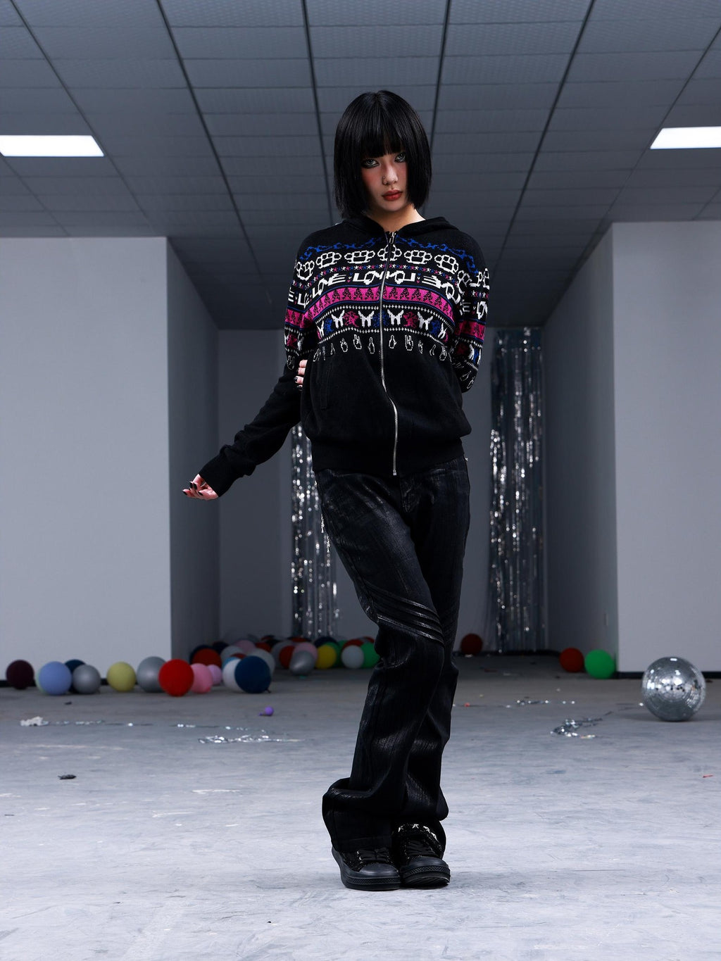 PAIKI Skull Fair Isle Zip Hooded Cotton Women's Cardigans