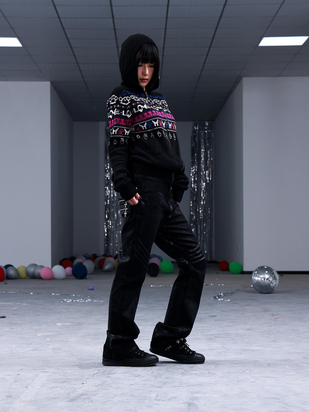 PAIKI Skull Fair Isle Zip Hooded Cotton Women's Cardigans