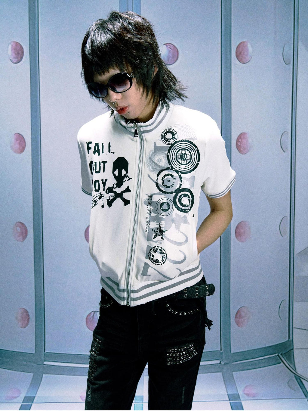 PAIKI Skull Music Digital Print Metal Zip Stand Collar Unisex Cotton Casual Jackets