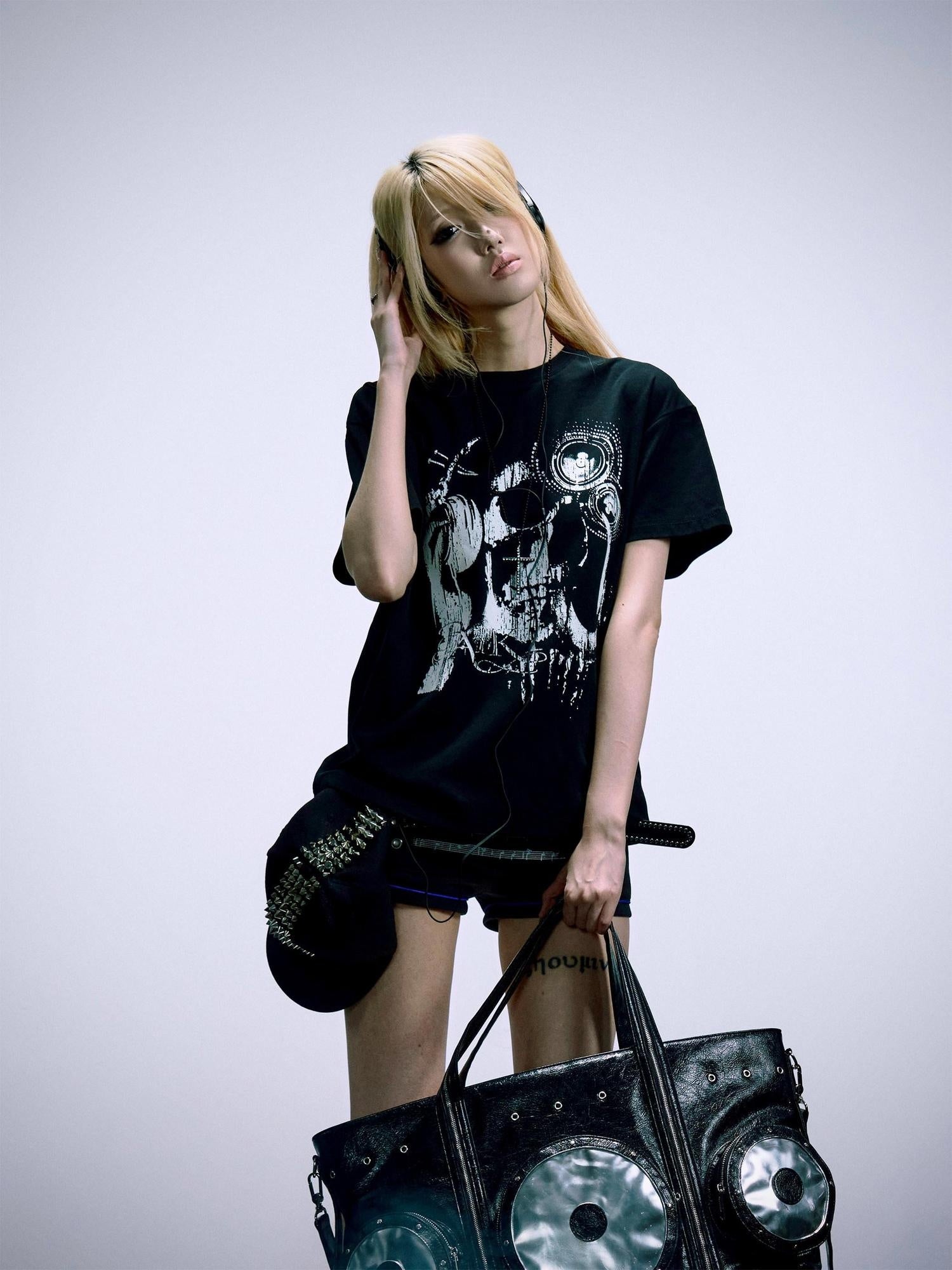 PAIKI Skull Print Slim Fit Unisex Black Crew Neck Sorona Cotton Short Sleeve T-Shirts