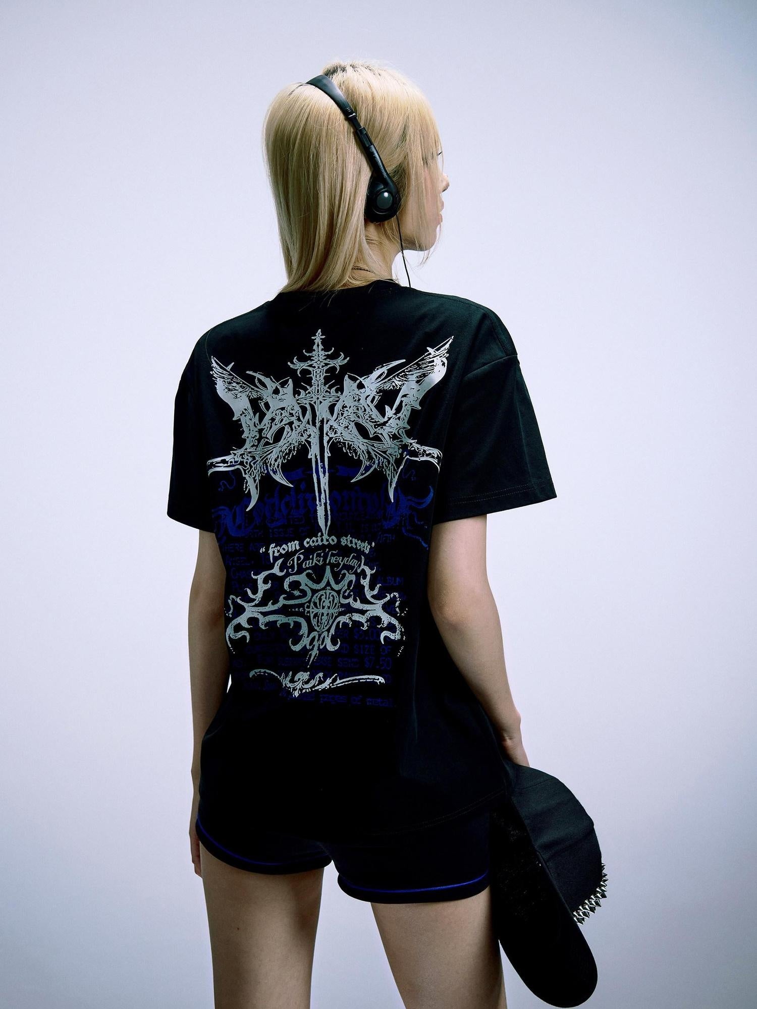 PAIKI Skull Print Slim Fit Unisex Black Crew Neck Sorona Cotton Short Sleeve T-Shirts