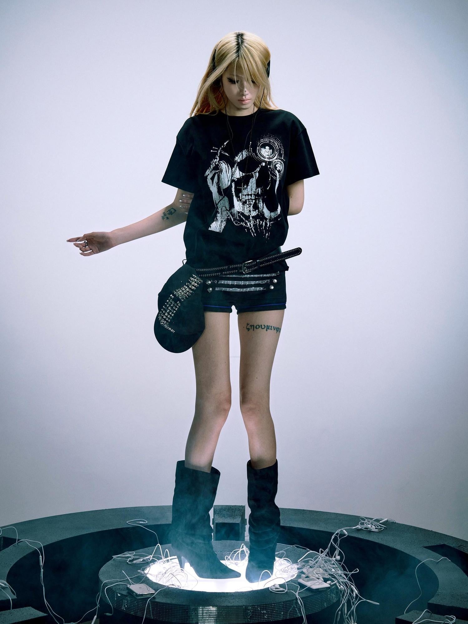 PAIKI Skull Print Slim Fit Unisex Black Crew Neck Sorona Cotton Short Sleeve T-Shirts