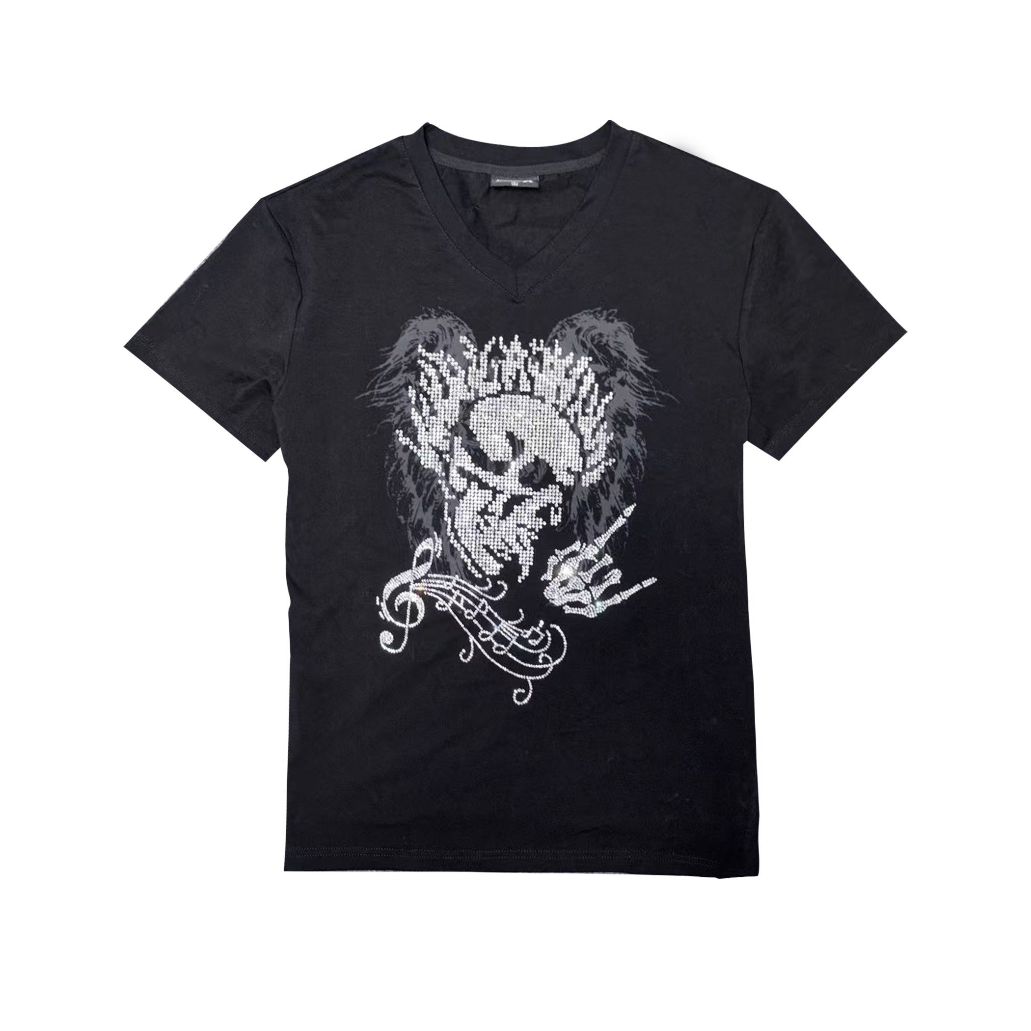 PAIKI_Skull_Rhinestone_Rock_V-neck_Long_Cotton_Unisex_Fit_Short_Sleeve_T-Shirts_MISSTT