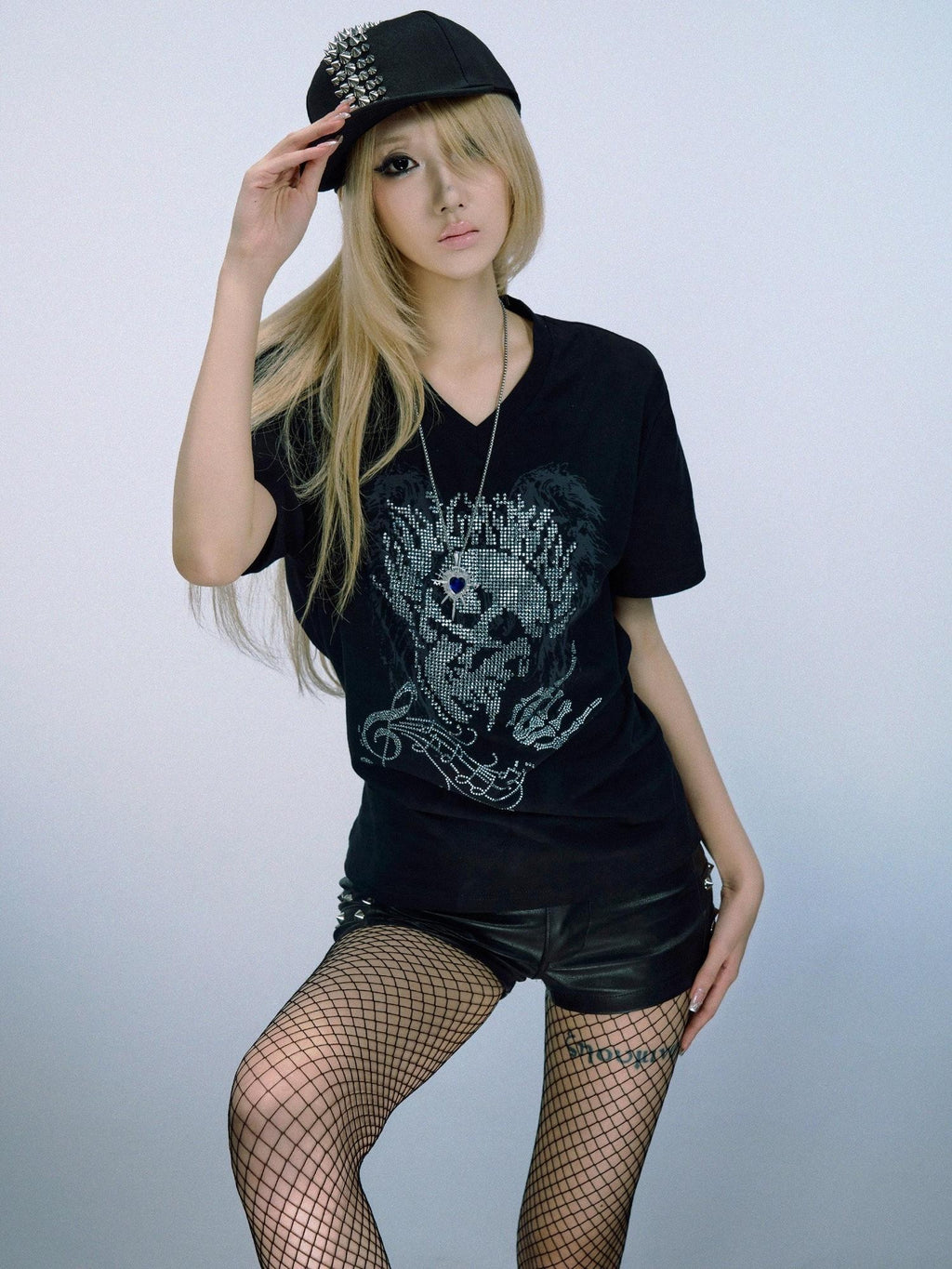 PAIKI Skull Rhinestone Rock V-neck Long Cotton Unisex Fit Short Sleeve T-Shirts