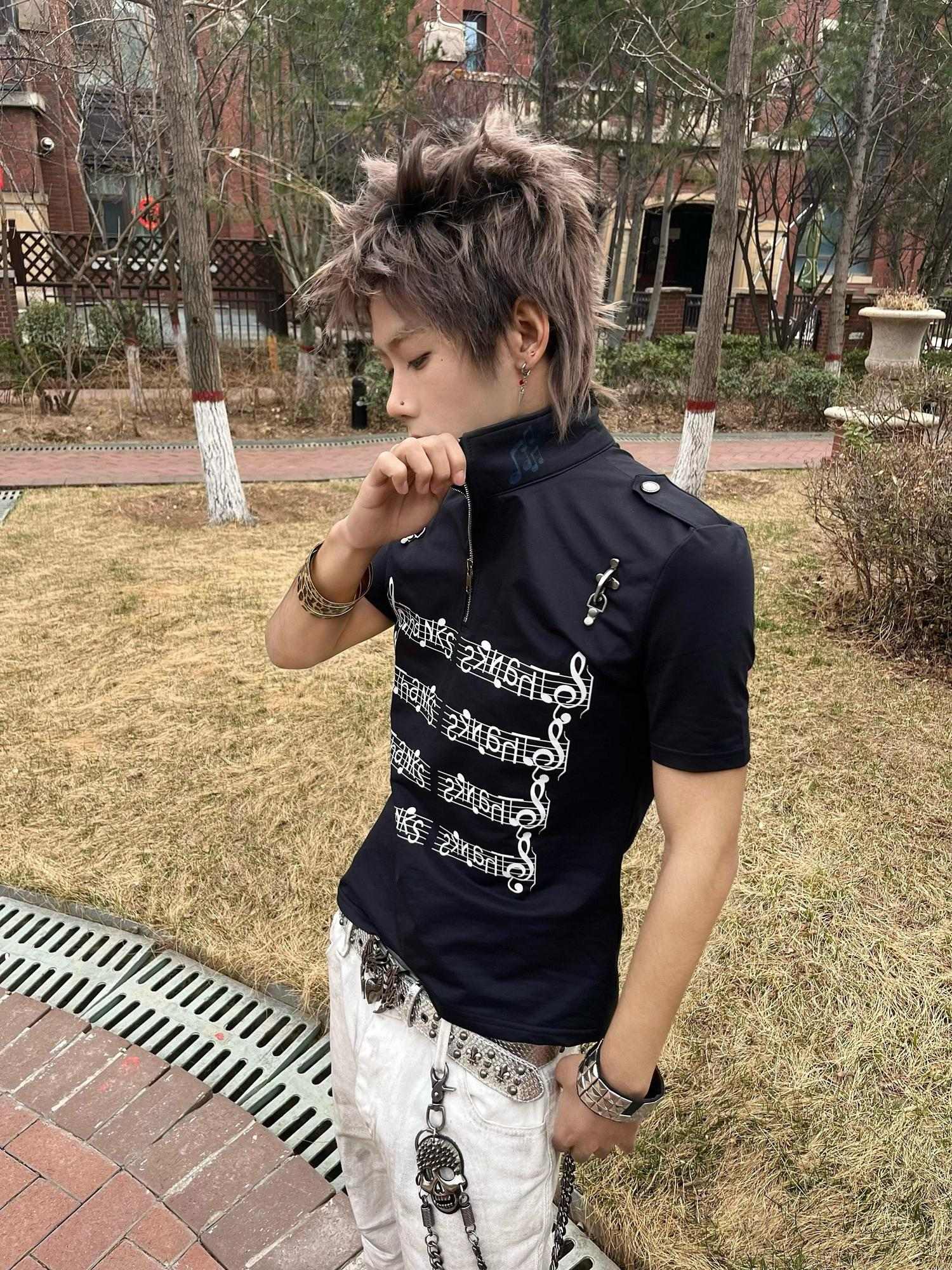 PAIKI Slim Fit Digital Print Metal Stand Collar Unisex Rock Short Sleeve T-Shirts