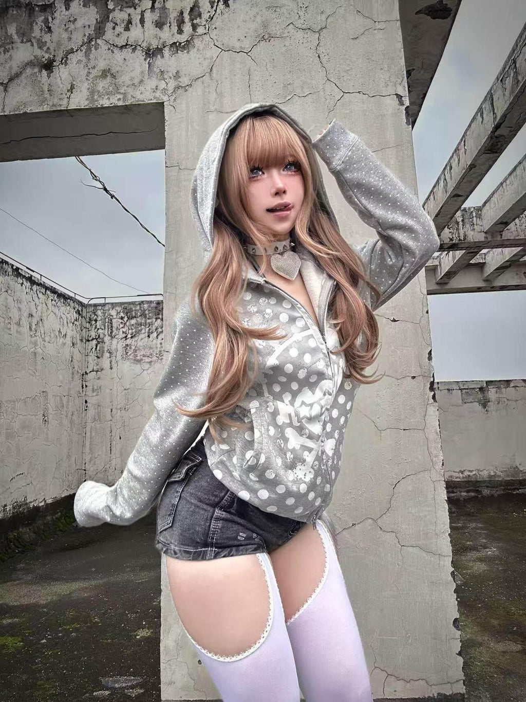 PAIKI Slim Fit Embossed Print Hooded Zip Unisex Cotton Blend Polka Dot Hoodies