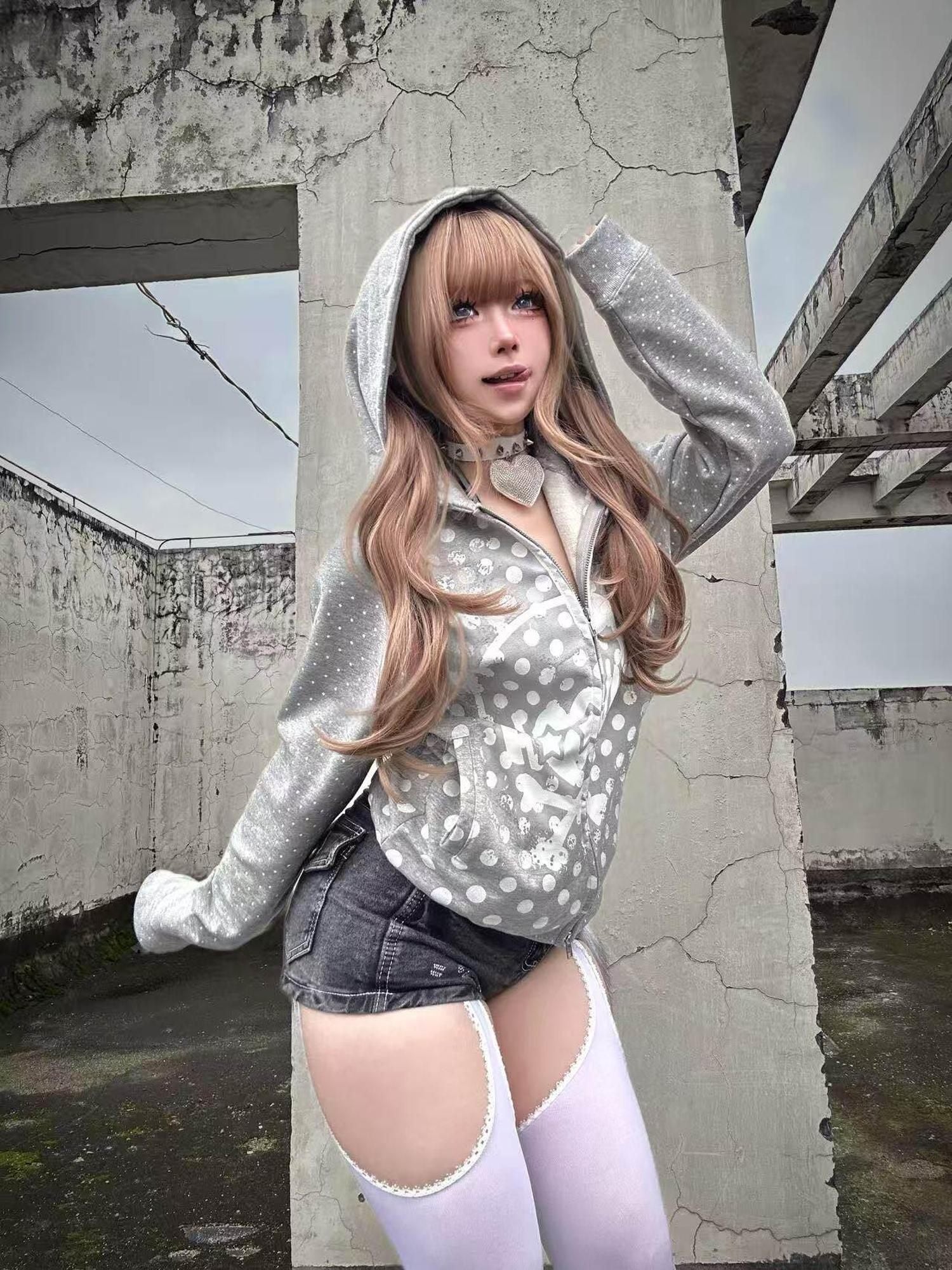PAIKI Slim Fit Embossed Print Hooded Zip Unisex Cotton Blend Polka Dot Hoodies