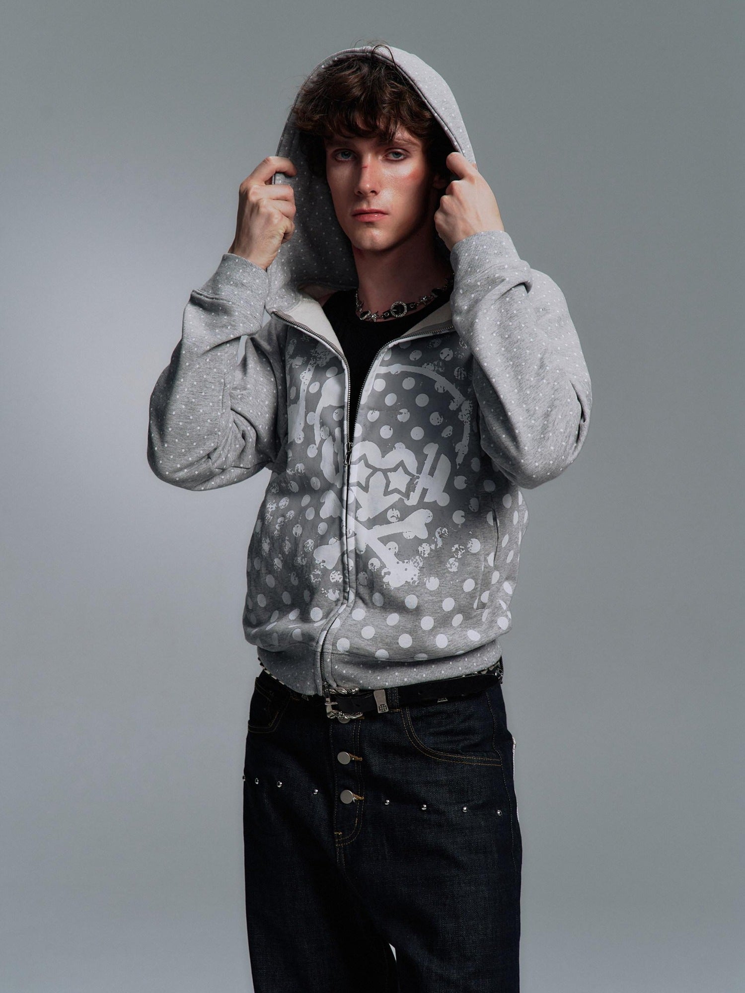 PAIKI Slim Fit Embossed Print Hooded Zip Unisex Cotton Blend Polka Dot Hoodies