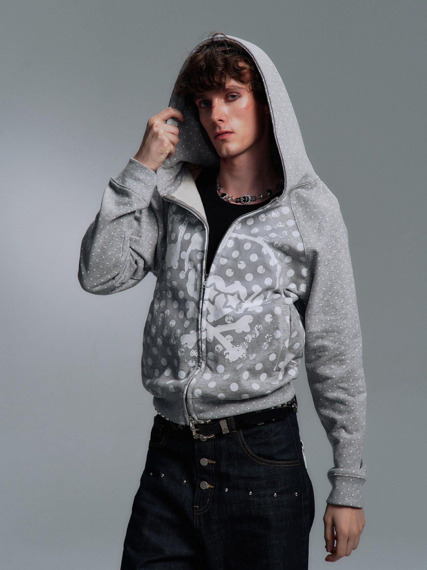 PAIKI Slim Fit Embossed Print Hooded Zip Unisex Cotton Blend Polka Dot Hoodies