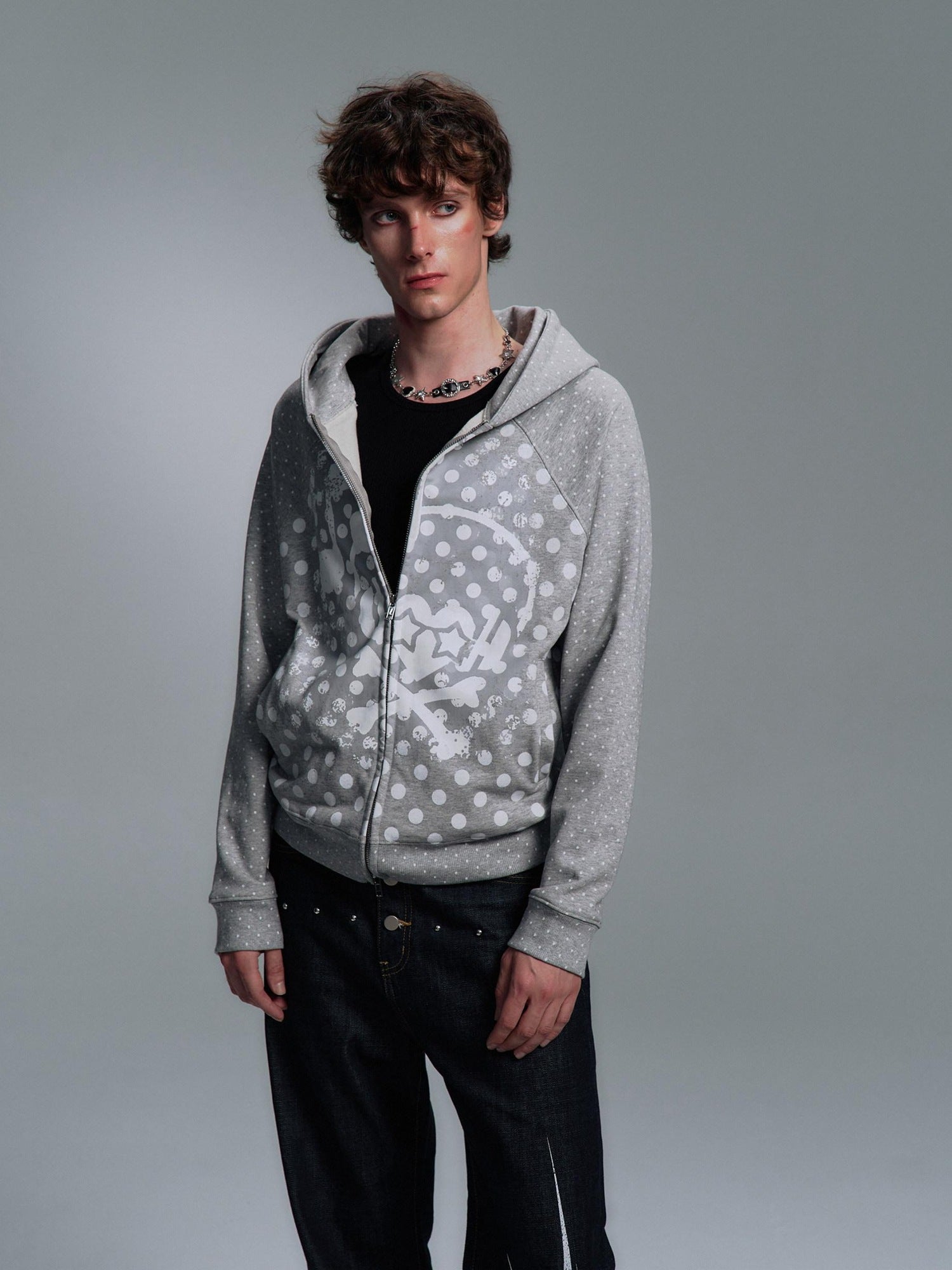 PAIKI Slim Fit Embossed Print Hooded Zip Unisex Cotton Blend Polka Dot Hoodies