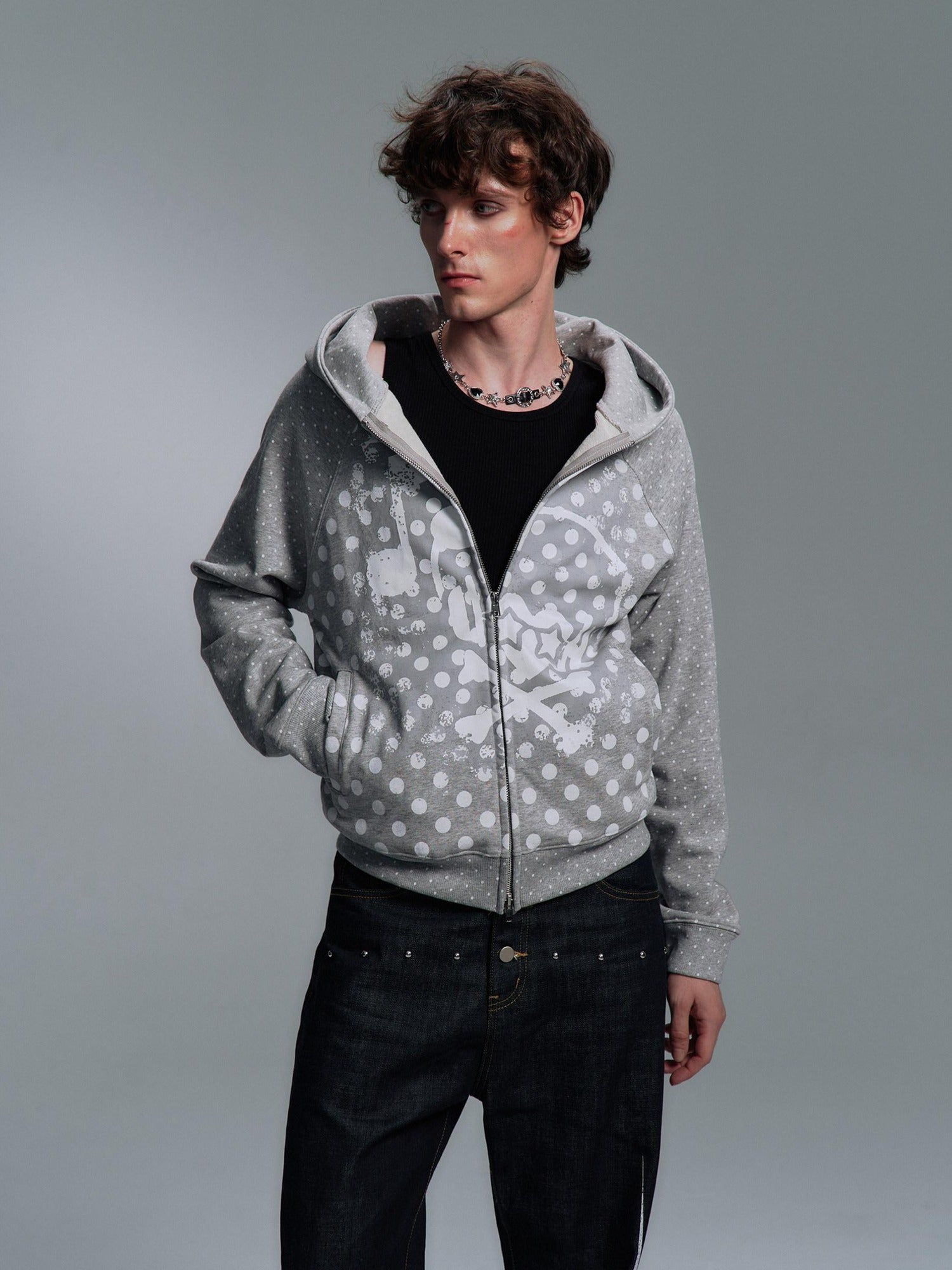PAIKI Slim Fit Embossed Print Hooded Zip Unisex Cotton Blend Polka Dot Hoodies
