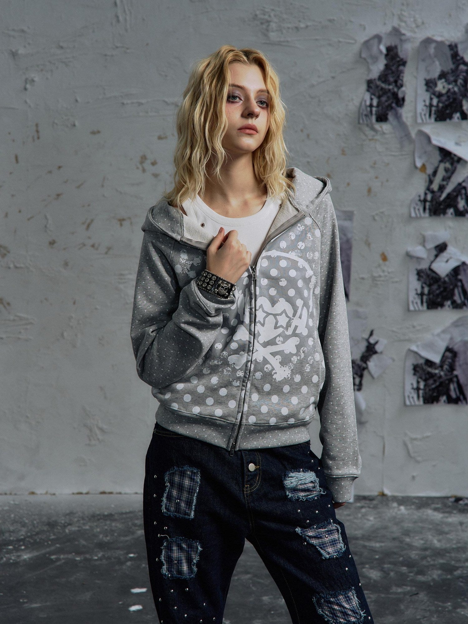 PAIKI Slim Fit Embossed Print Hooded Zip Unisex Cotton Blend Polka Dot Hoodies